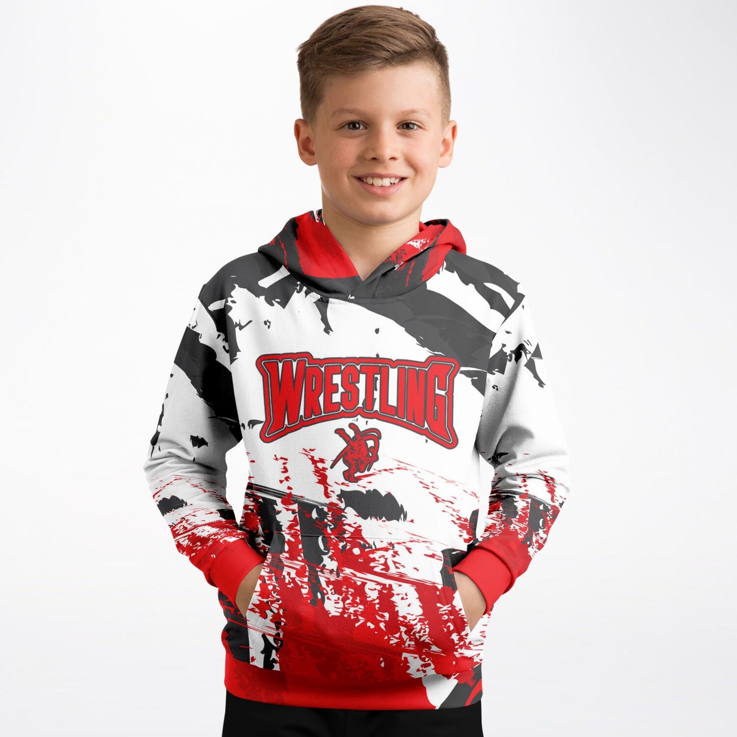 4Wrestlers Red & White Splatter Youth Wrestling Athletic Kids Hoodie - AOP
