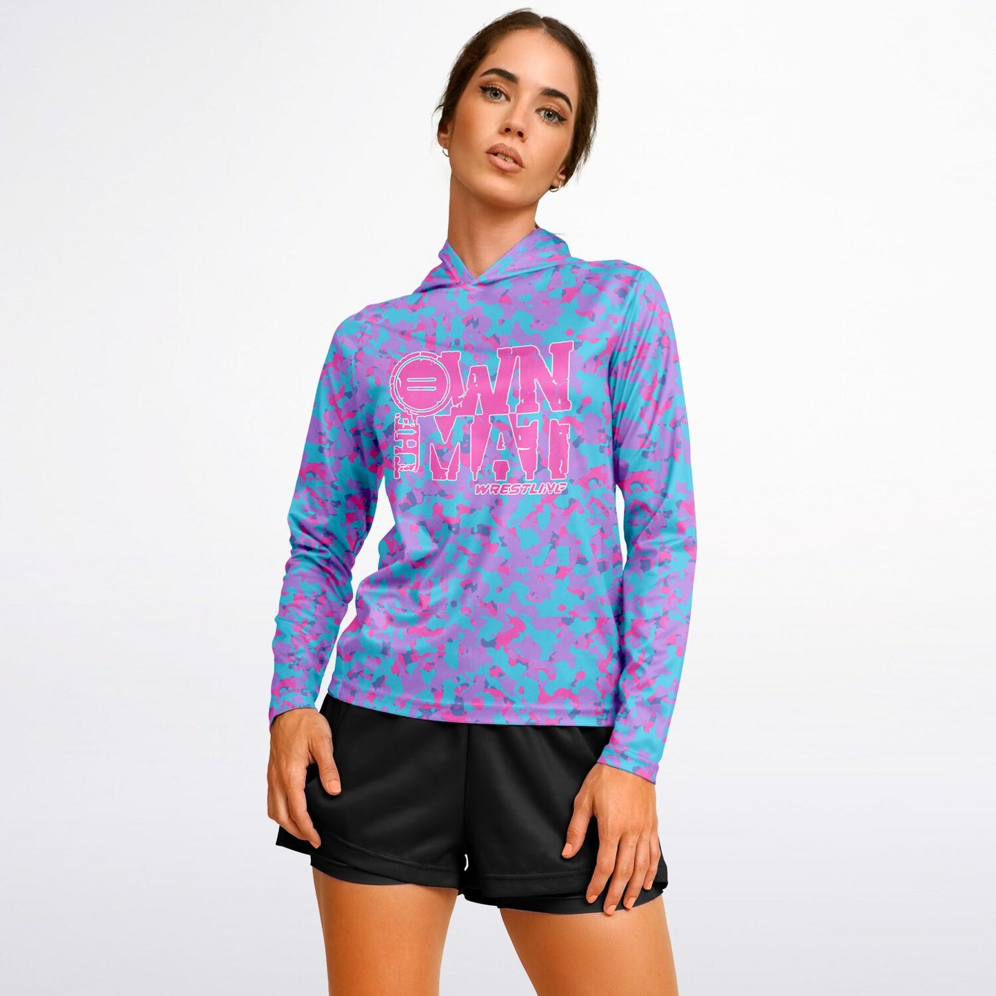 4Wrestlers Pink Camo Own the Mat Women's Wrestling Long Sleeve Hooded Performance Shirt - AOP