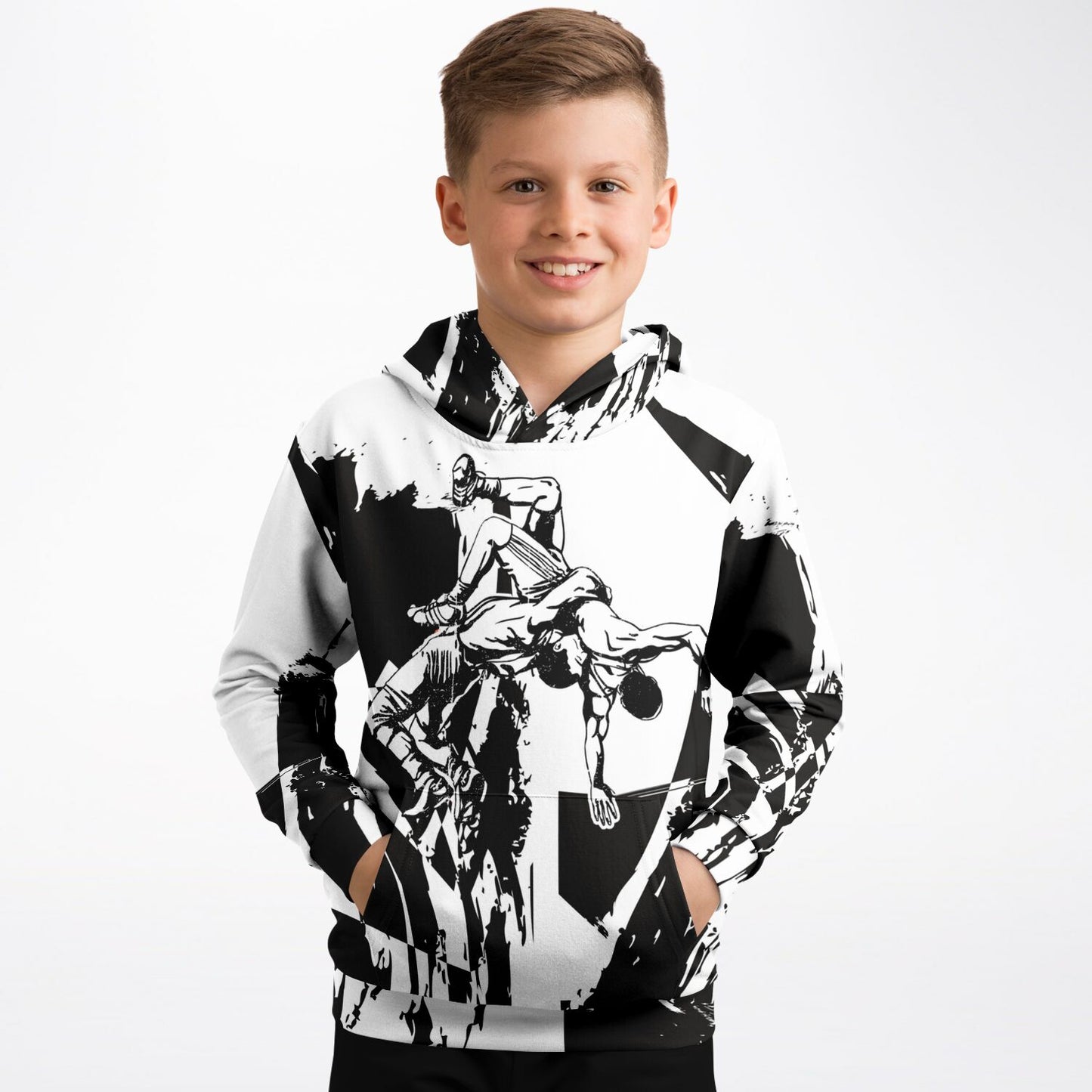 4Wrestlers Black & White Splatter Youth Wrestling Athletic Kids Hoodie - AOP