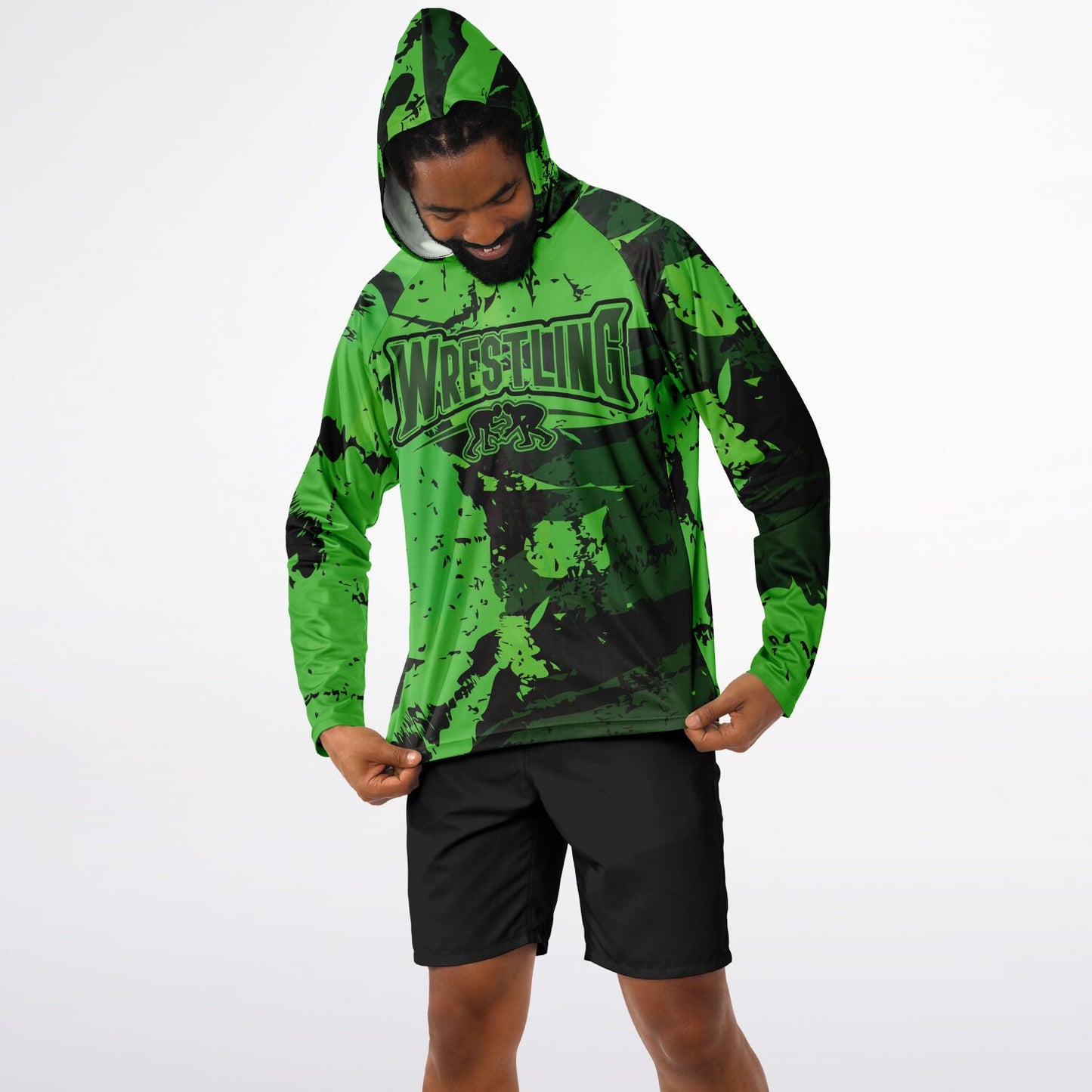 4Wrestlers Abstract Lime Green Men's Wrestling Long Sleeve Hooded Performance Shirt - AOP