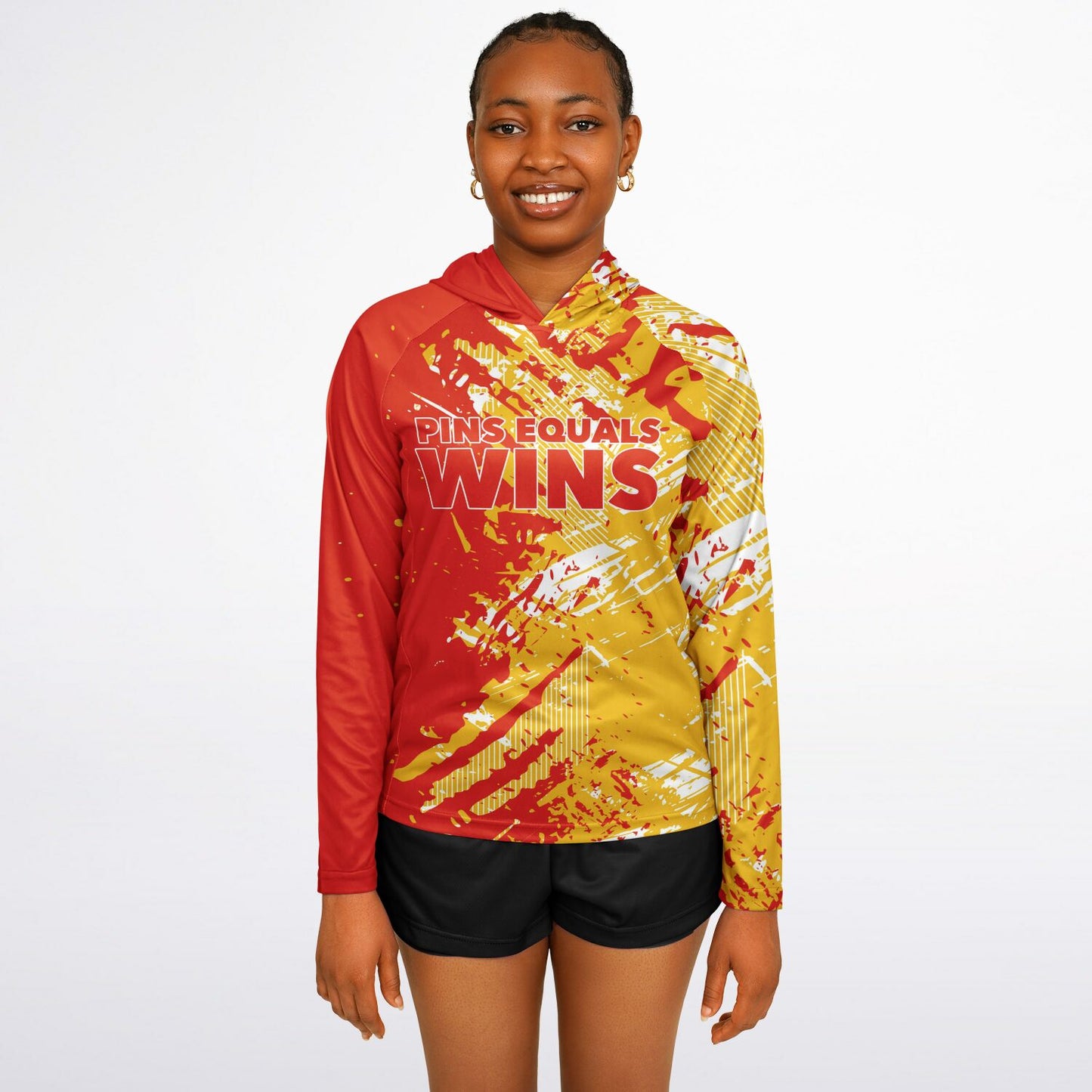 4Wrestlers Pins Equals Wins Patriotic Women's Wrestling Long Sleeve Hooded Performance Shirt - AOP
