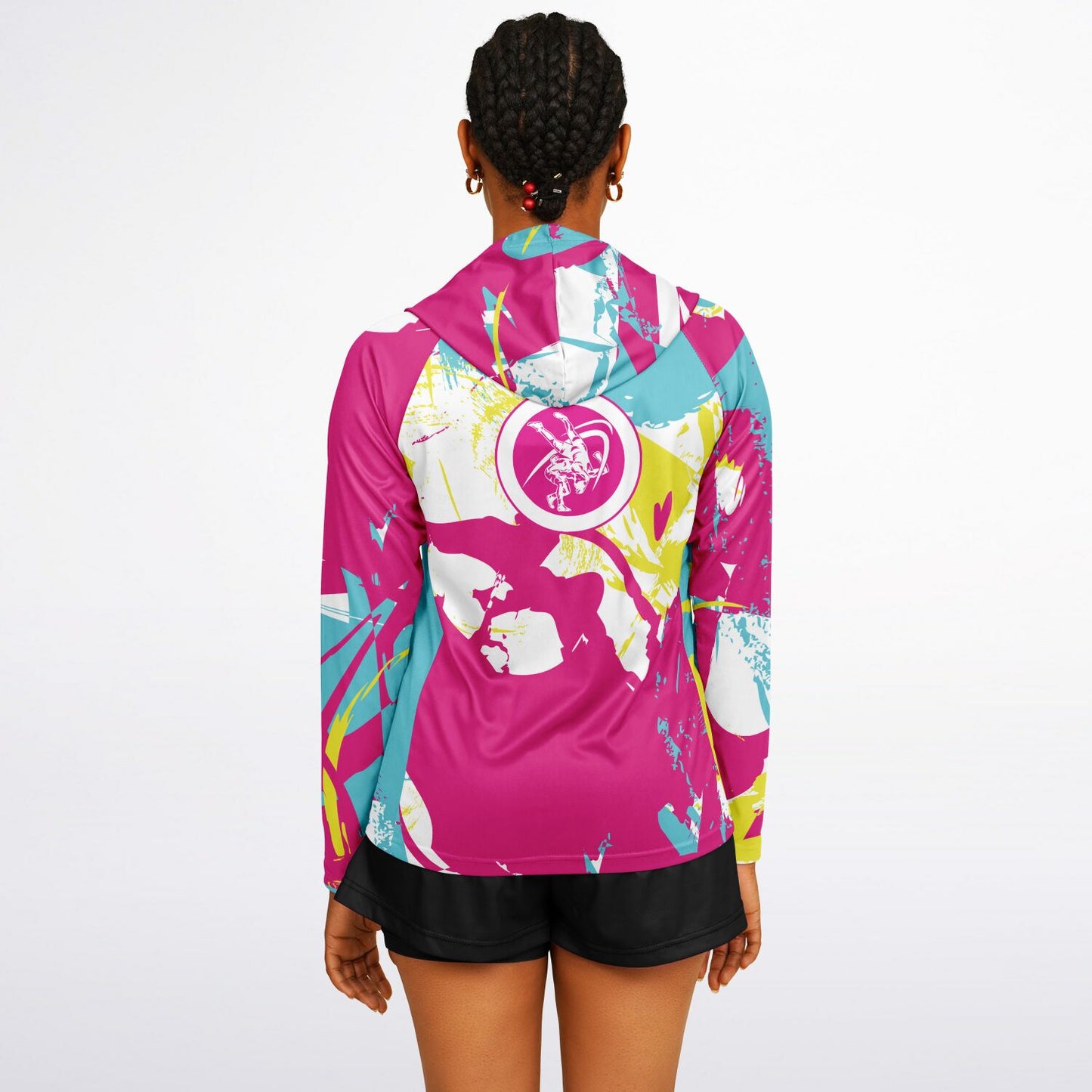 4Wrestlers Own the Mat Pink Splash Women's Wrestling Long Sleeve Hooded Performance Shirt - AOP