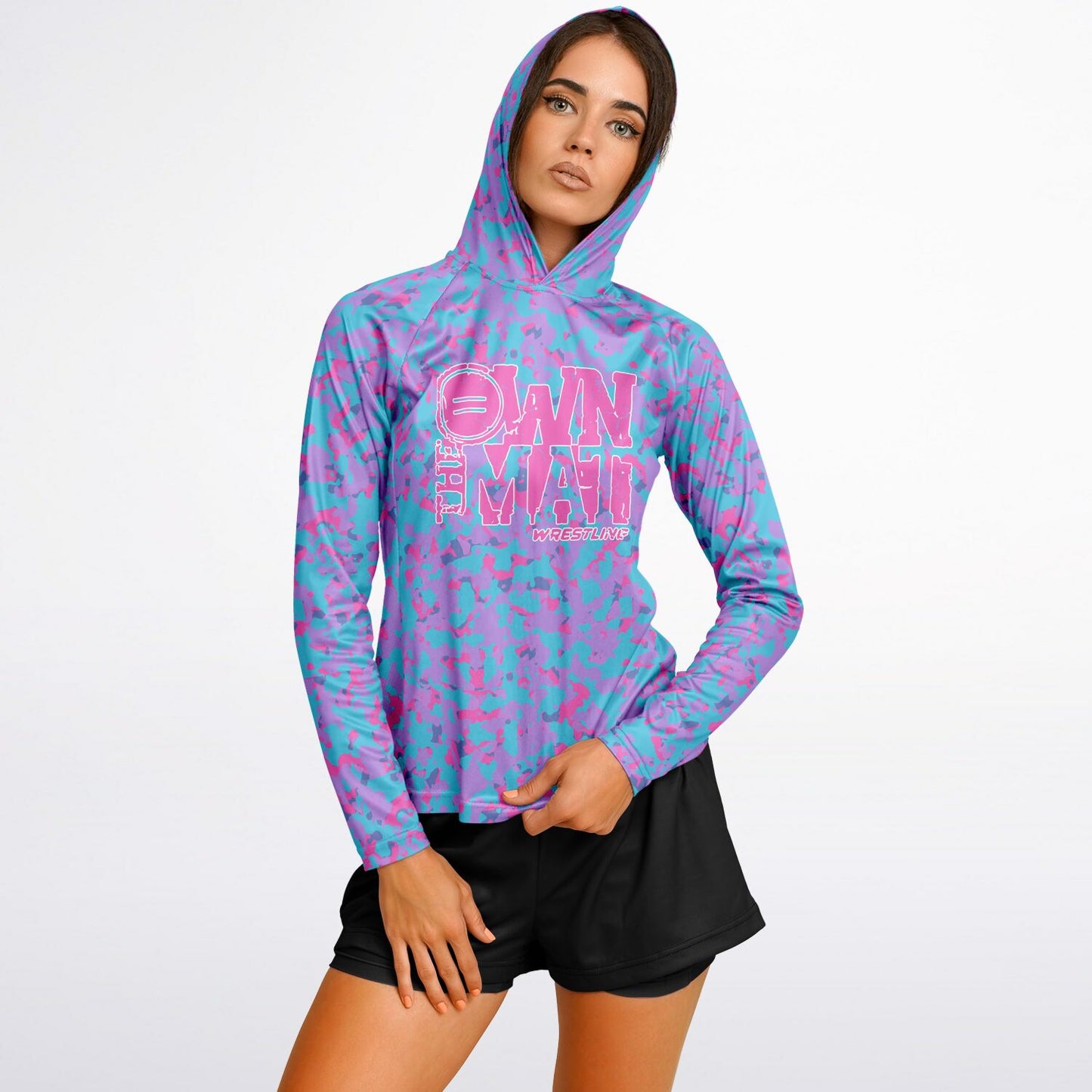 4Wrestlers Pink Camo Own the Mat Women's Wrestling Long Sleeve Hooded Performance Shirt - AOP