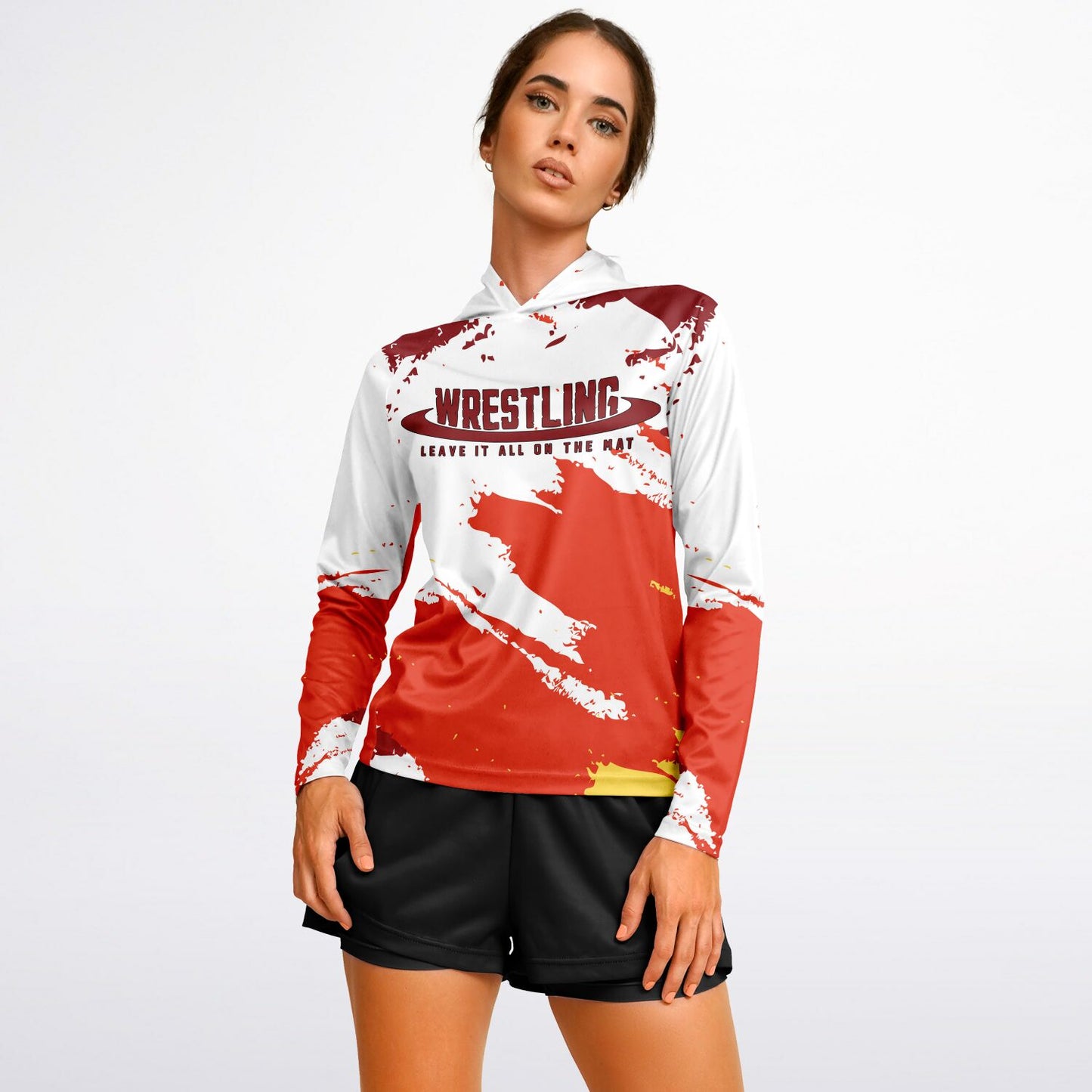 4Wrestlers Leave It All On The Mat Burgundy Women's Wrestling Long Sleeve Hooded Performance Shirt - AOP