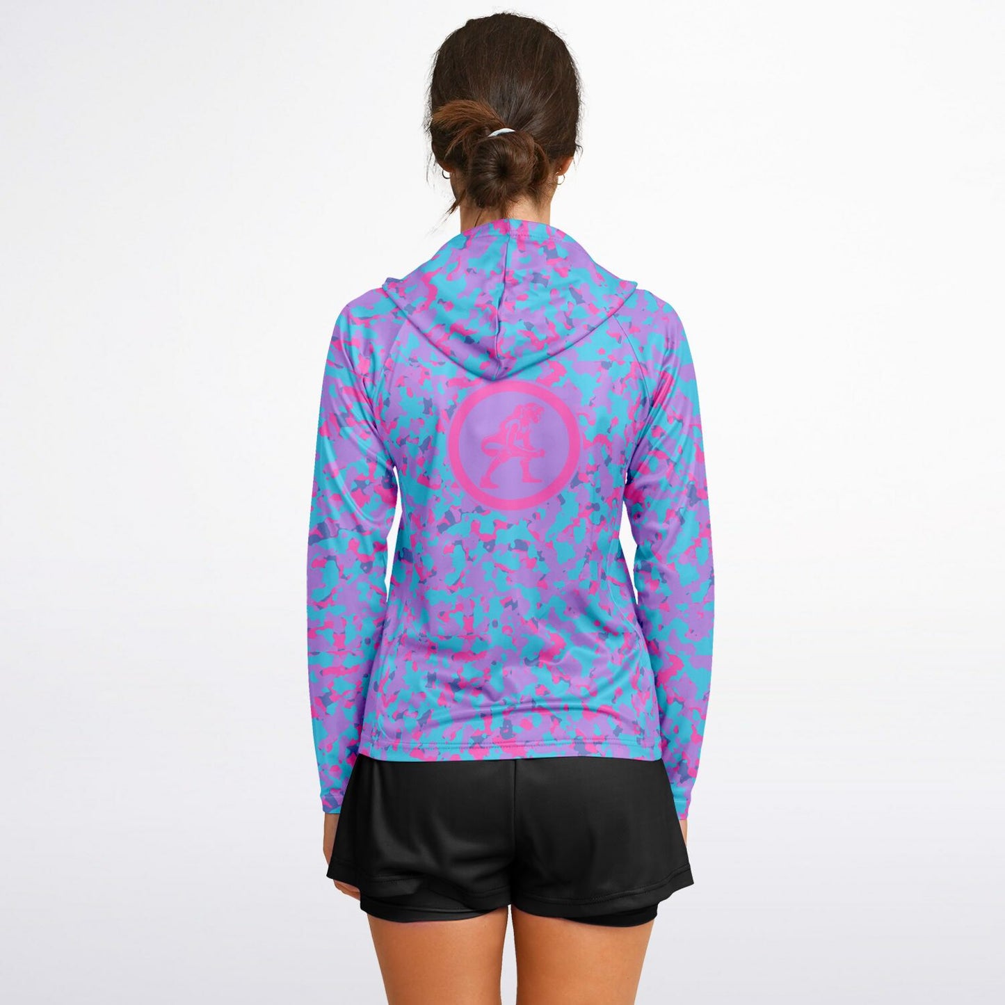 4Wrestlers Pink Camo Own the Mat Women's Wrestling Long Sleeve Hooded Performance Shirt - AOP