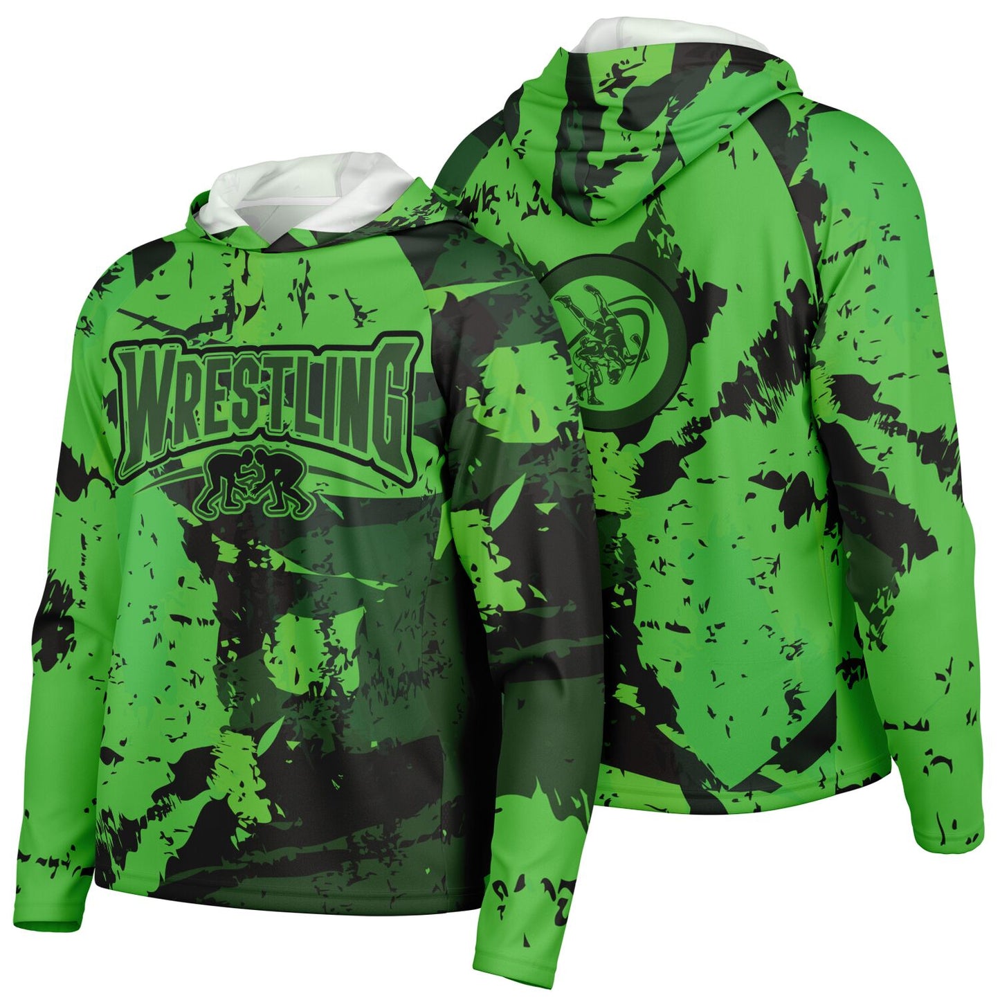4Wrestlers Abstract Lime Green Men's Wrestling Long Sleeve Hooded Performance Shirt - AOP