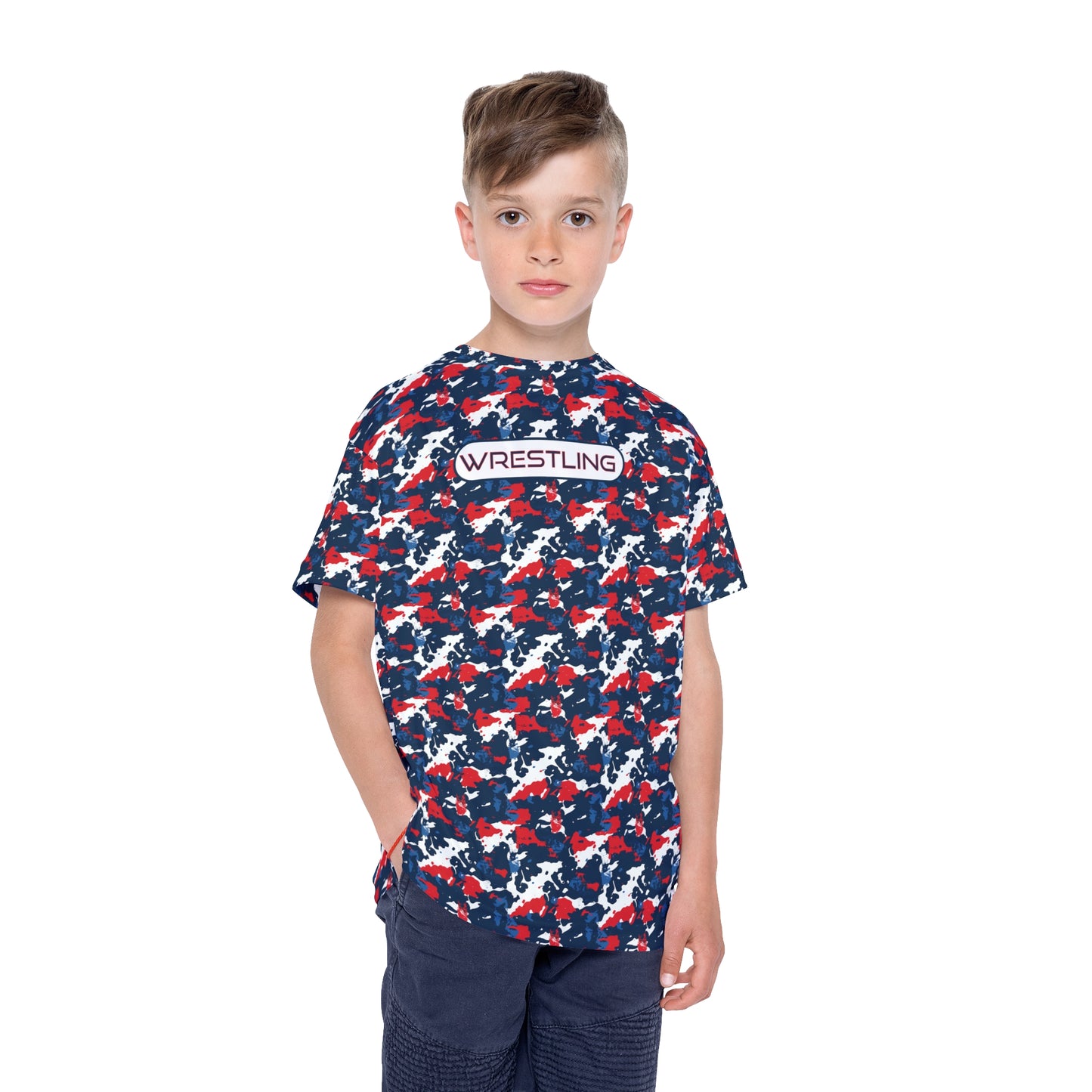 Kids Wrestling Sports Jersey - Red, White & Blue Camouflage Tee