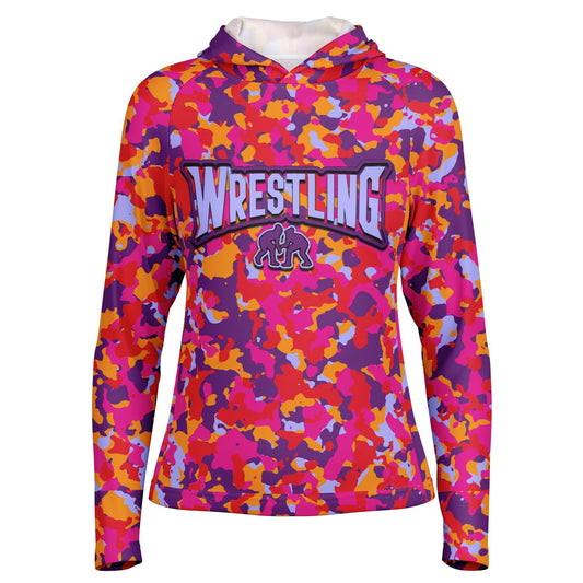 4Wrestlers Bright Pink Camo Women's Wrestling Long Sleeve Hooded Performance Shirt - AOP