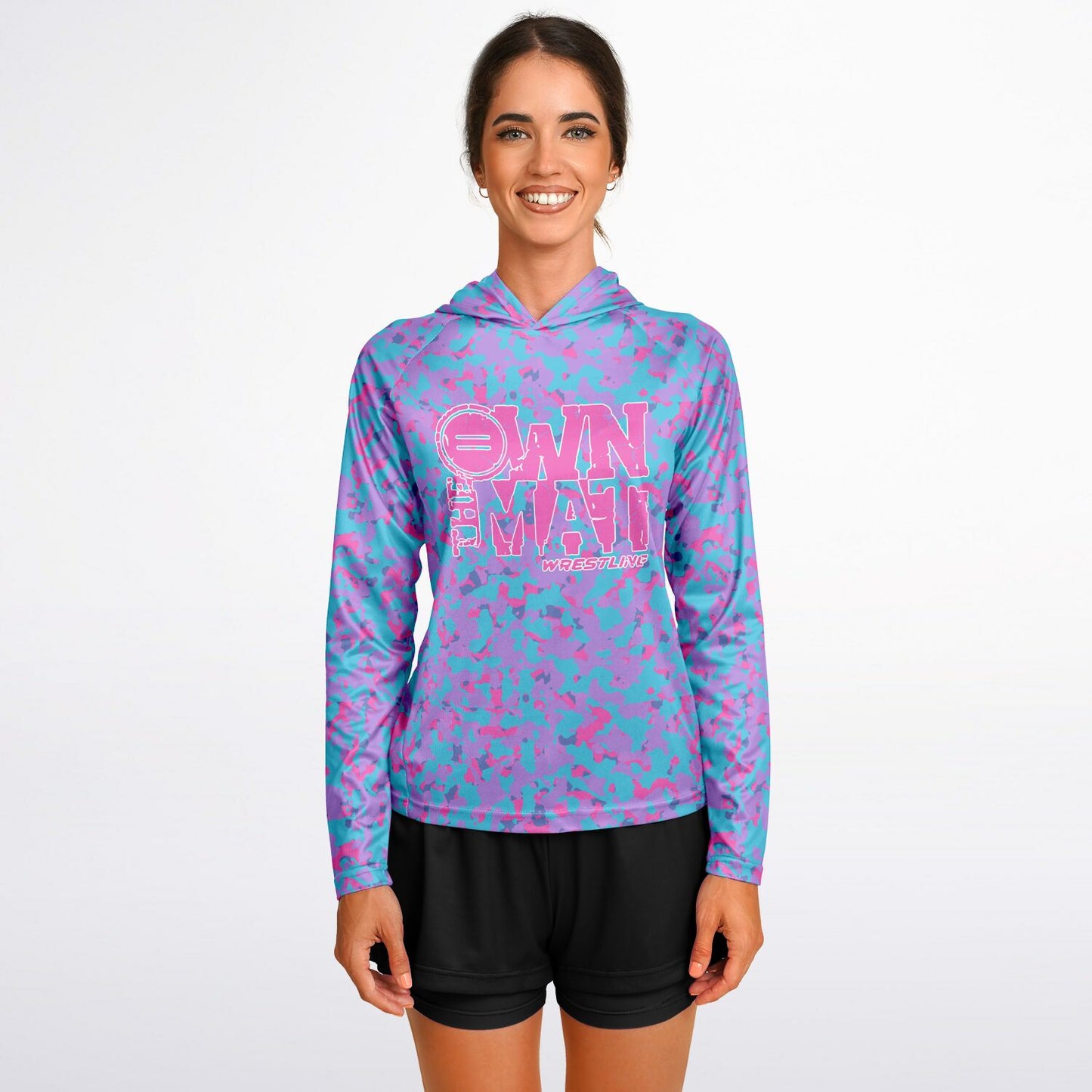 4Wrestlers Pink Camo Own the Mat Women's Wrestling Long Sleeve Hooded Performance Shirt - AOP
