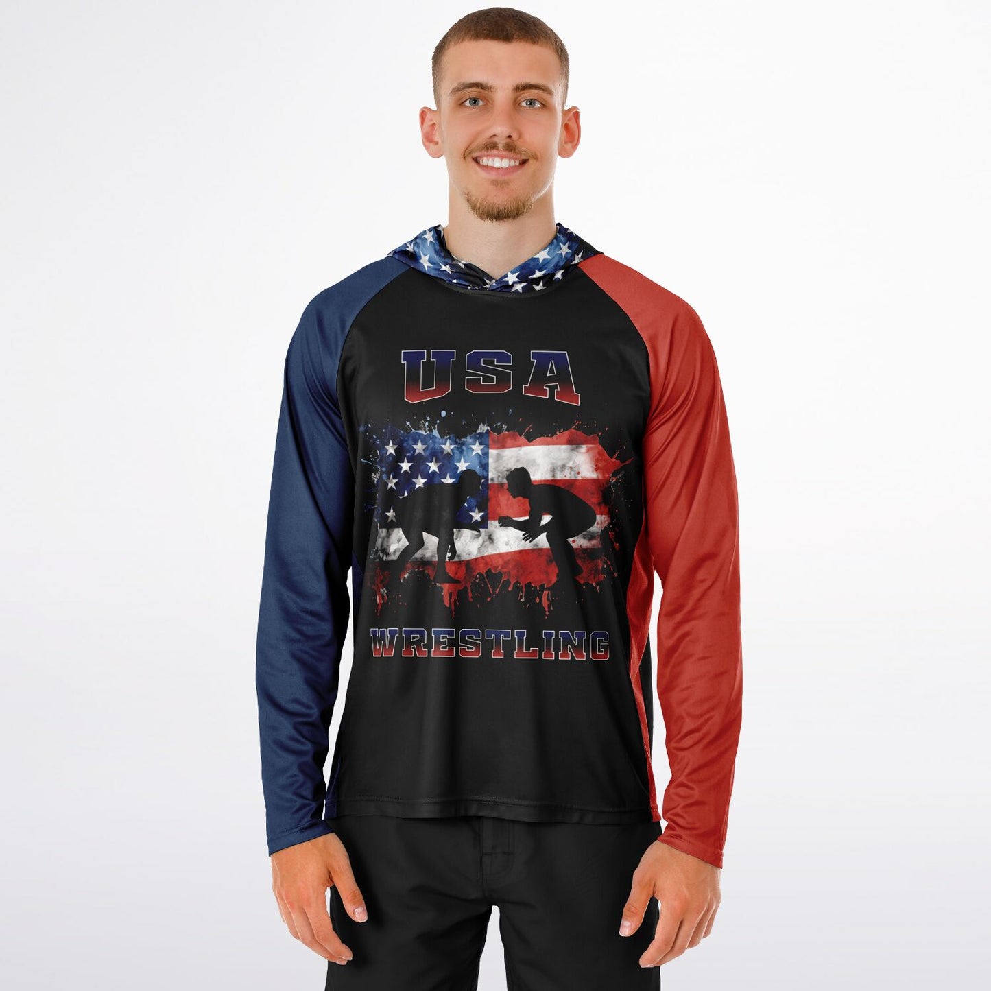 4Wrestlers Paint Splatter USA Flag Men's Long Sleeve Hooded Performance Shirt - AOP