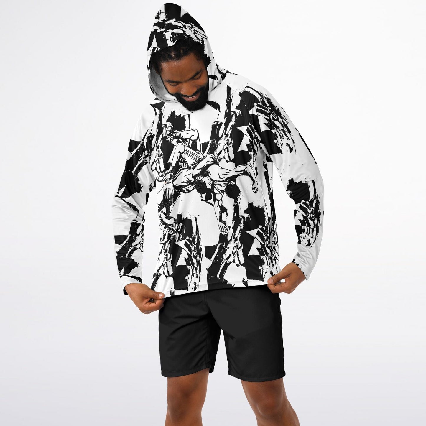4Wrestlers Black & White Wrestling Men's Long Sleeve Hooded Performance Shirt - AOP