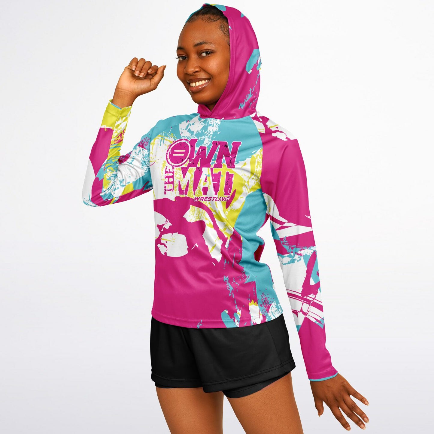 4Wrestlers Own the Mat Pink Splash Women's Wrestling Long Sleeve Hooded Performance Shirt - AOP