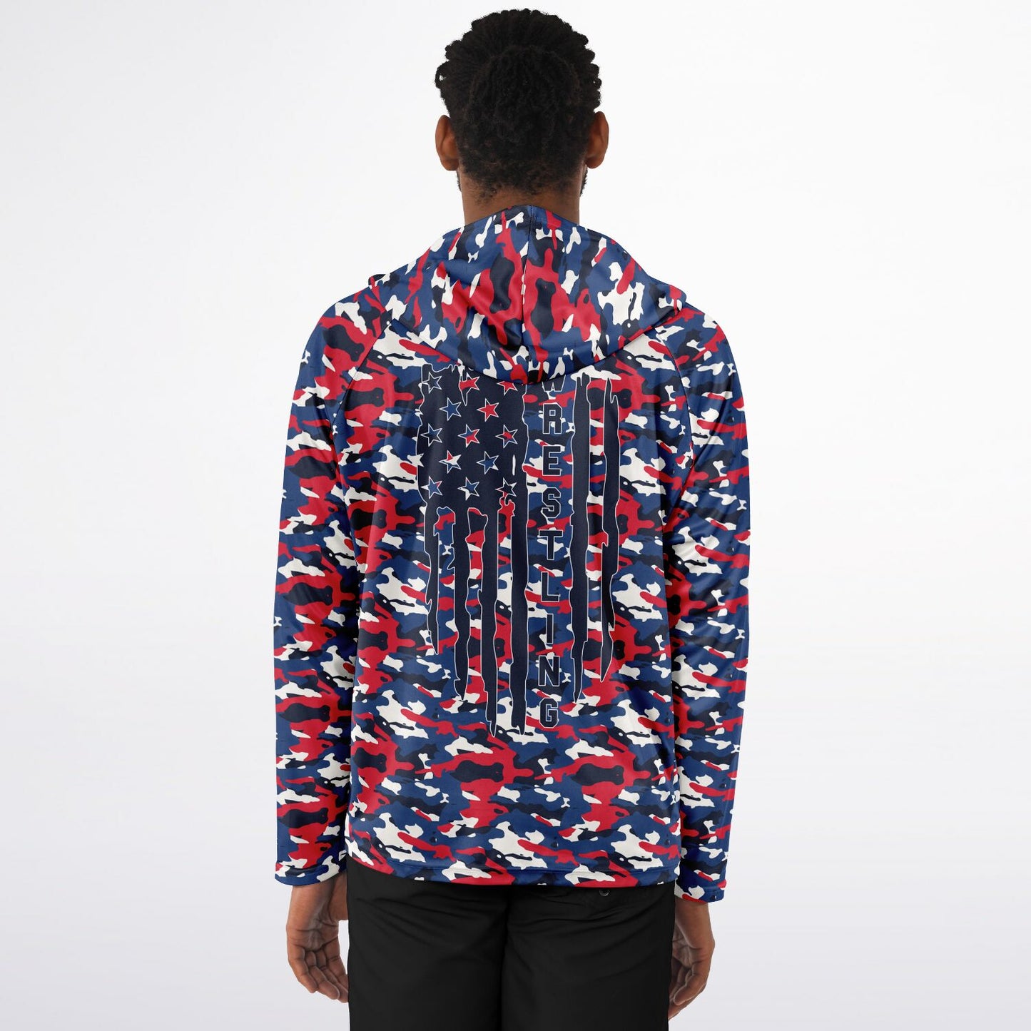 4Wrestlers Patriotic Camo Men's Long Sleeve Hooded Performance Shirt - AOP Sublimation