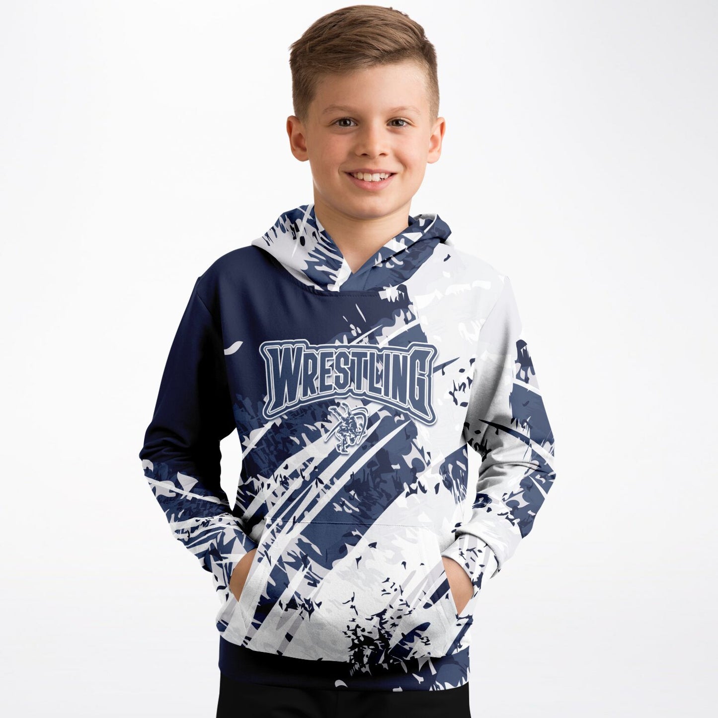 4Wrestlers Youth Wrestling Blue Splatter Athletic Kids Hoodie - AOP Sublimated