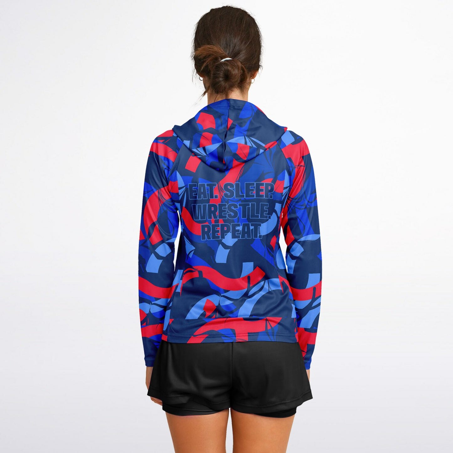4Wrestlers Patriotic Abstract Women's Wrestling Long Sleeve Hooded Performance Shirt - AOP