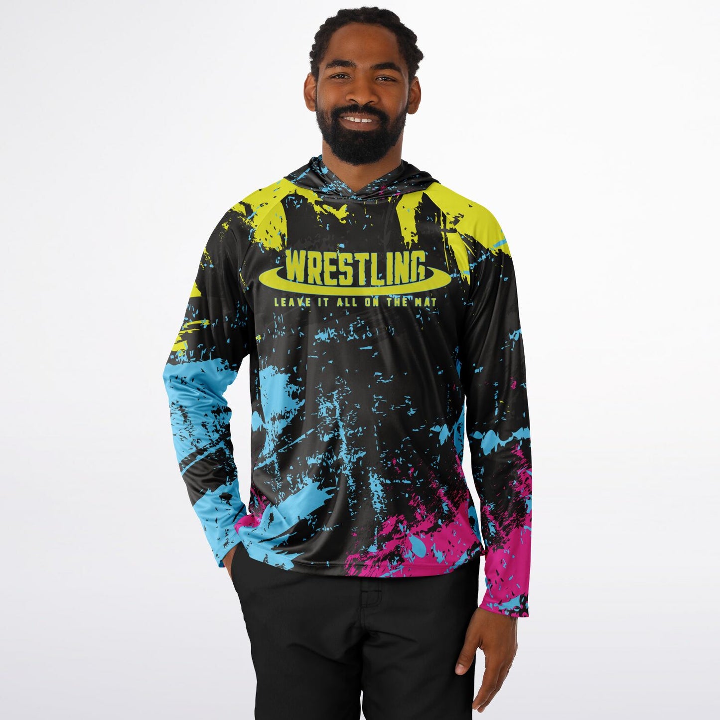 4Wrestlers Midnight Paint Splatter Men's Wrestling Long Sleeve Hooded Performance Shirt - AOP