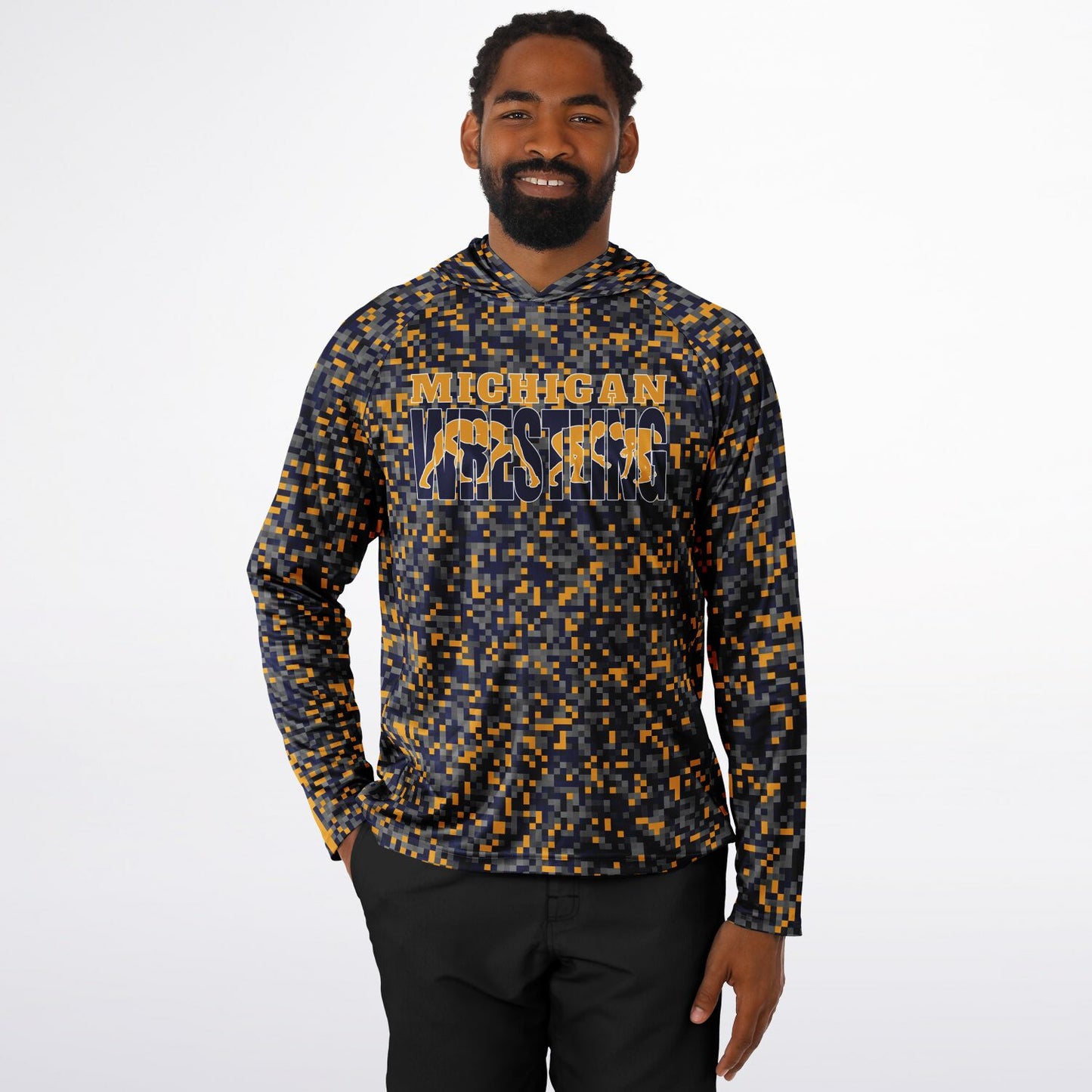 State of Michigan Wrestling Men's Wrestler Long Sleeve Hooded Performance Shirt - AOP Minecraft Camo