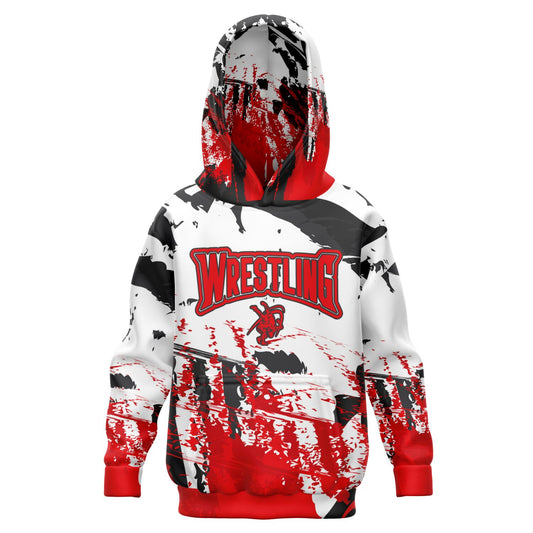 4Wrestlers Red & White Splatter Youth Wrestling Athletic Kids Hoodie - AOP