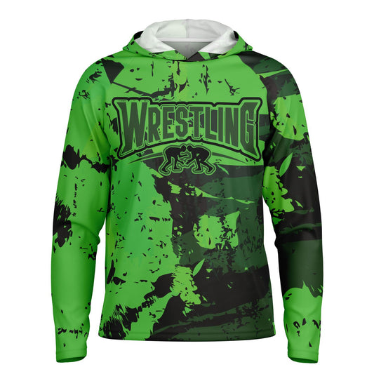 4Wrestlers Abstract Lime Green Men's Wrestling Long Sleeve Hooded Performance Shirt - AOP