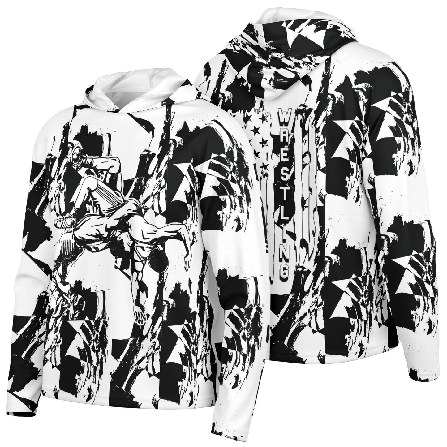 4Wrestlers Black & White Wrestling Men's Long Sleeve Hooded Performance Shirt - AOP
