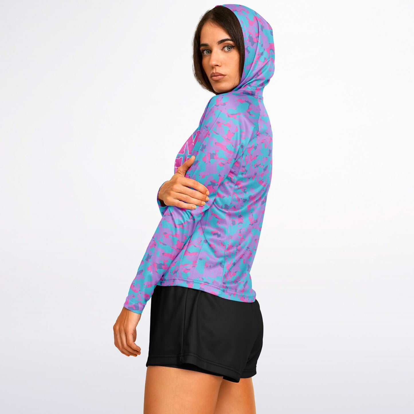 4Wrestlers Pink Camo Own the Mat Women's Wrestling Long Sleeve Hooded Performance Shirt - AOP