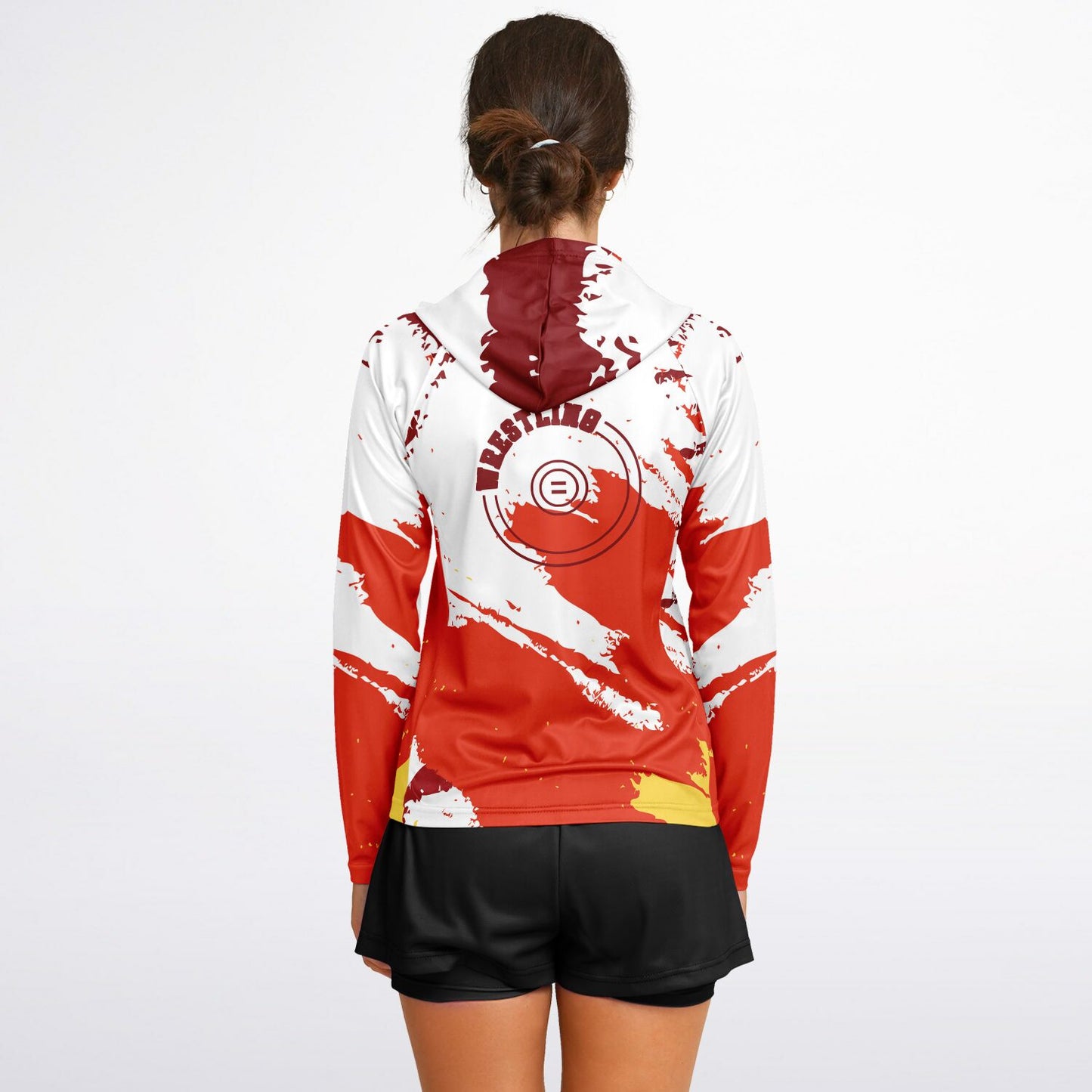 4Wrestlers Leave It All On The Mat Burgundy Women's Wrestling Long Sleeve Hooded Performance Shirt - AOP