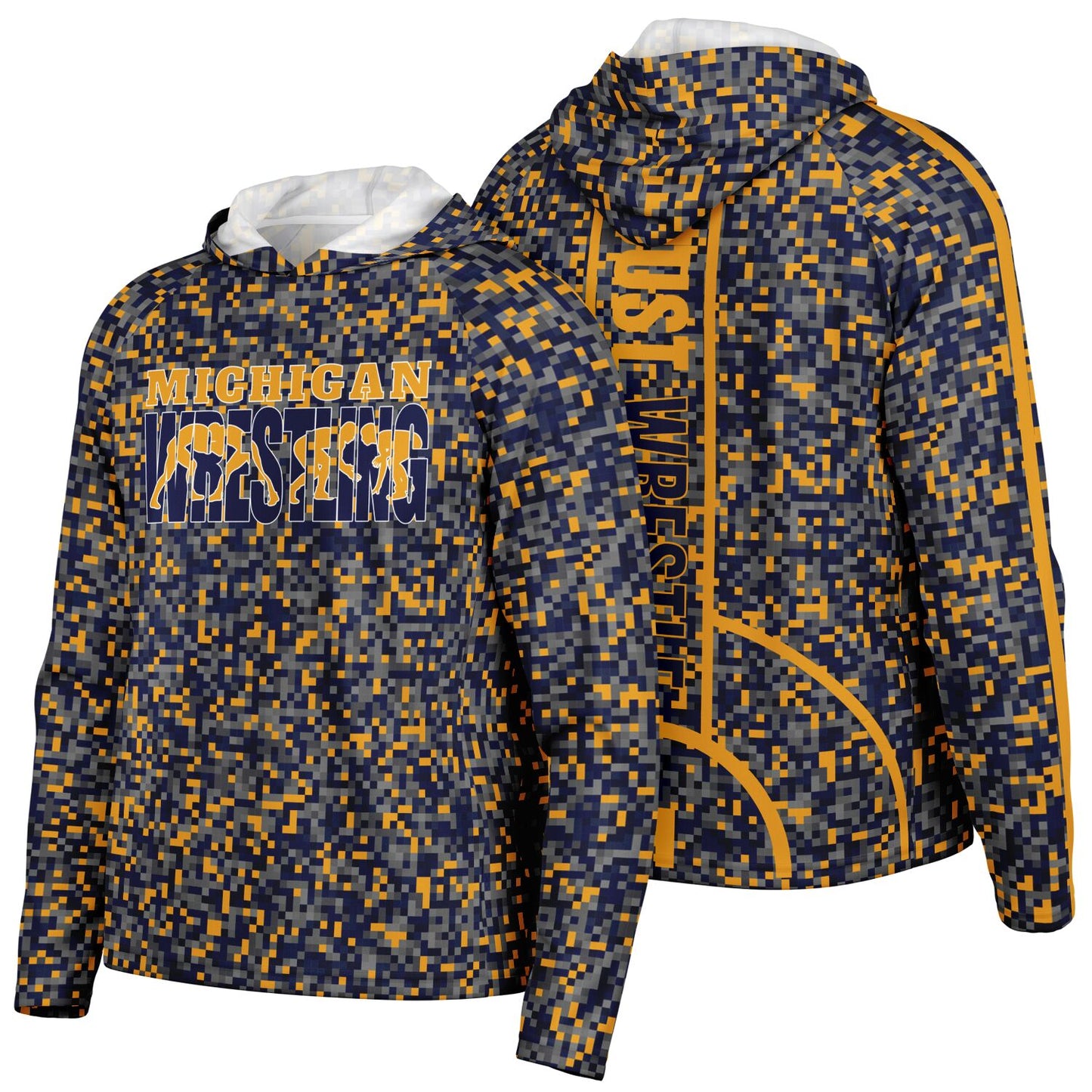 State of Michigan Wrestling Men's Wrestler Long Sleeve Hooded Performance Shirt - AOP Minecraft Camo