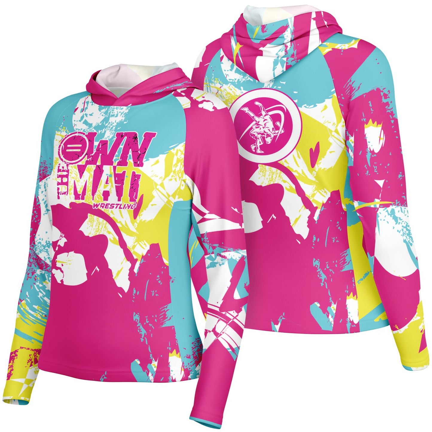 4Wrestlers Own the Mat Pink Splash Women's Wrestling Long Sleeve Hooded Performance Shirt - AOP