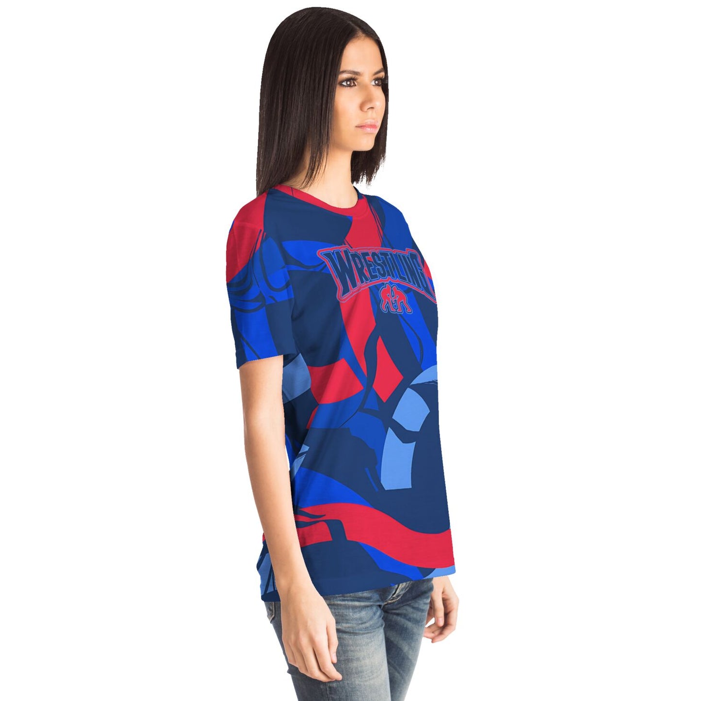 4Wrestlers Patriotic Red & Blue Abstract Womens Wrestling All Over Print T-shirt