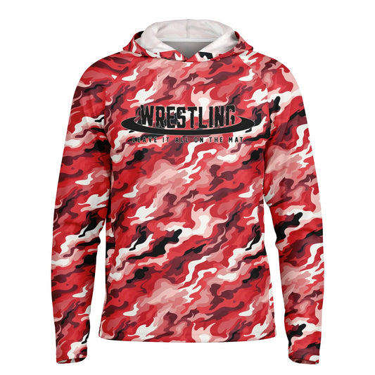 4Wrestlers Red Camouflage Men's Long Sleeve Hooded Performance Shirt - AOP Sublimation