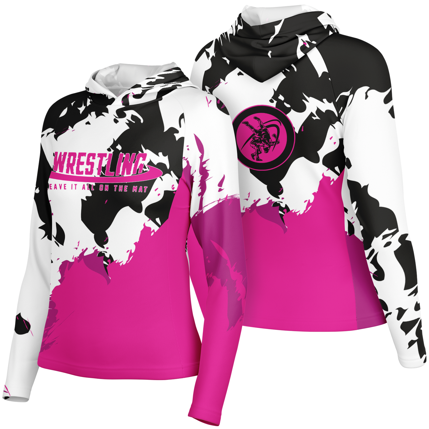 4Wrestlers Hot Pink Abstract Women's Wrestling Long Sleeve Hooded Performance Shirt - AOP