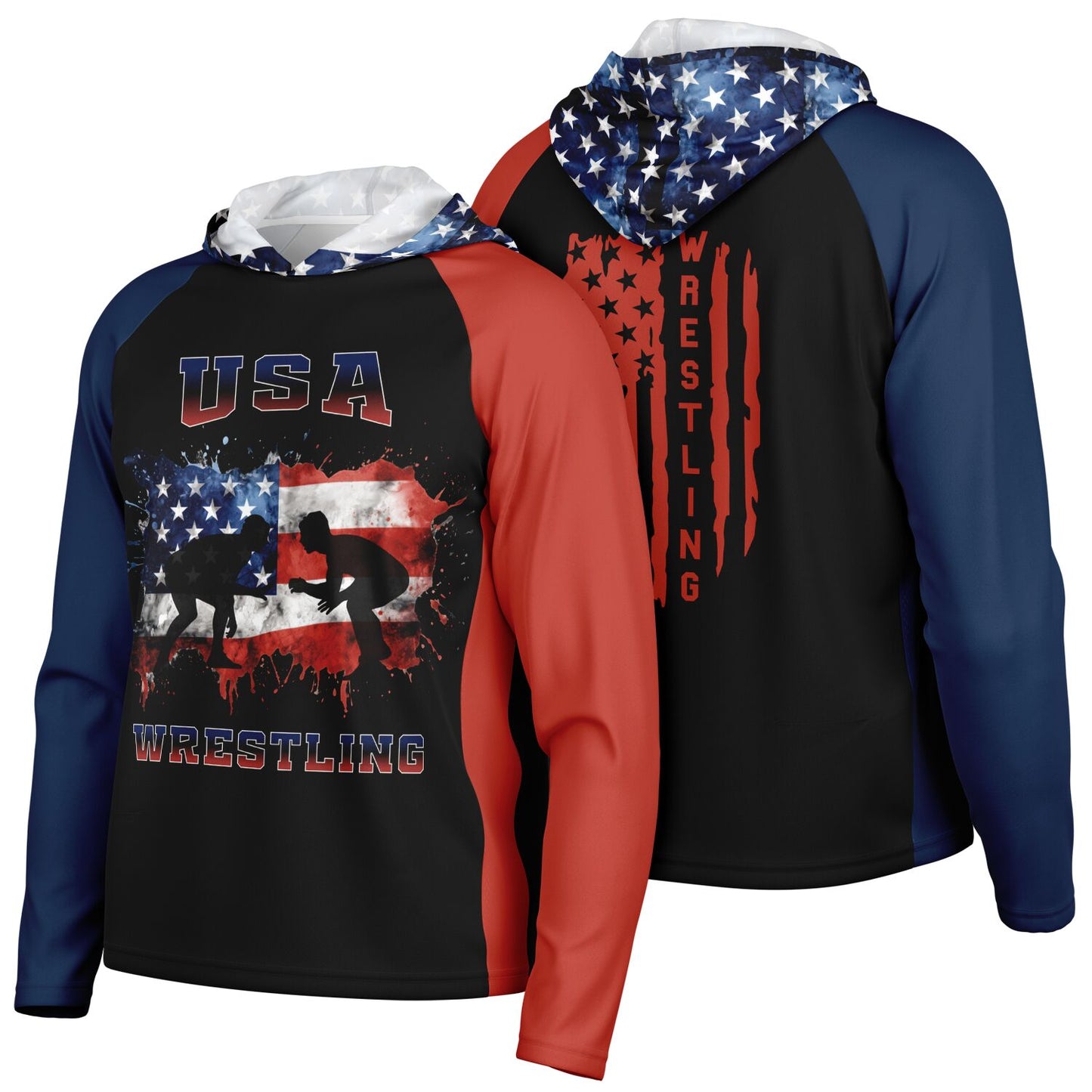 4Wrestlers Paint Splatter USA Flag Men's Long Sleeve Hooded Performance Shirt - AOP