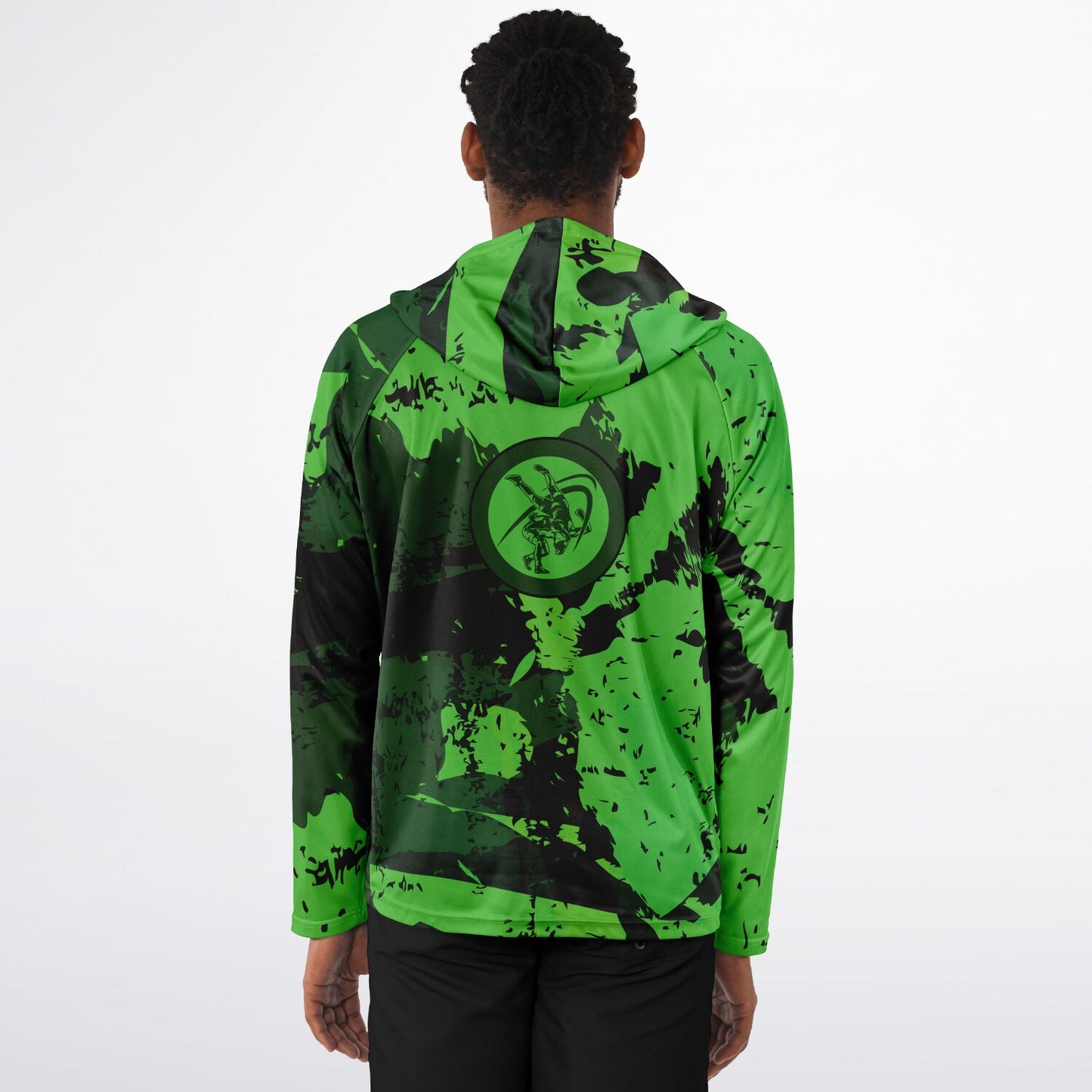 4Wrestlers Abstract Lime Green Men's Wrestling Long Sleeve Hooded Performance Shirt - AOP
