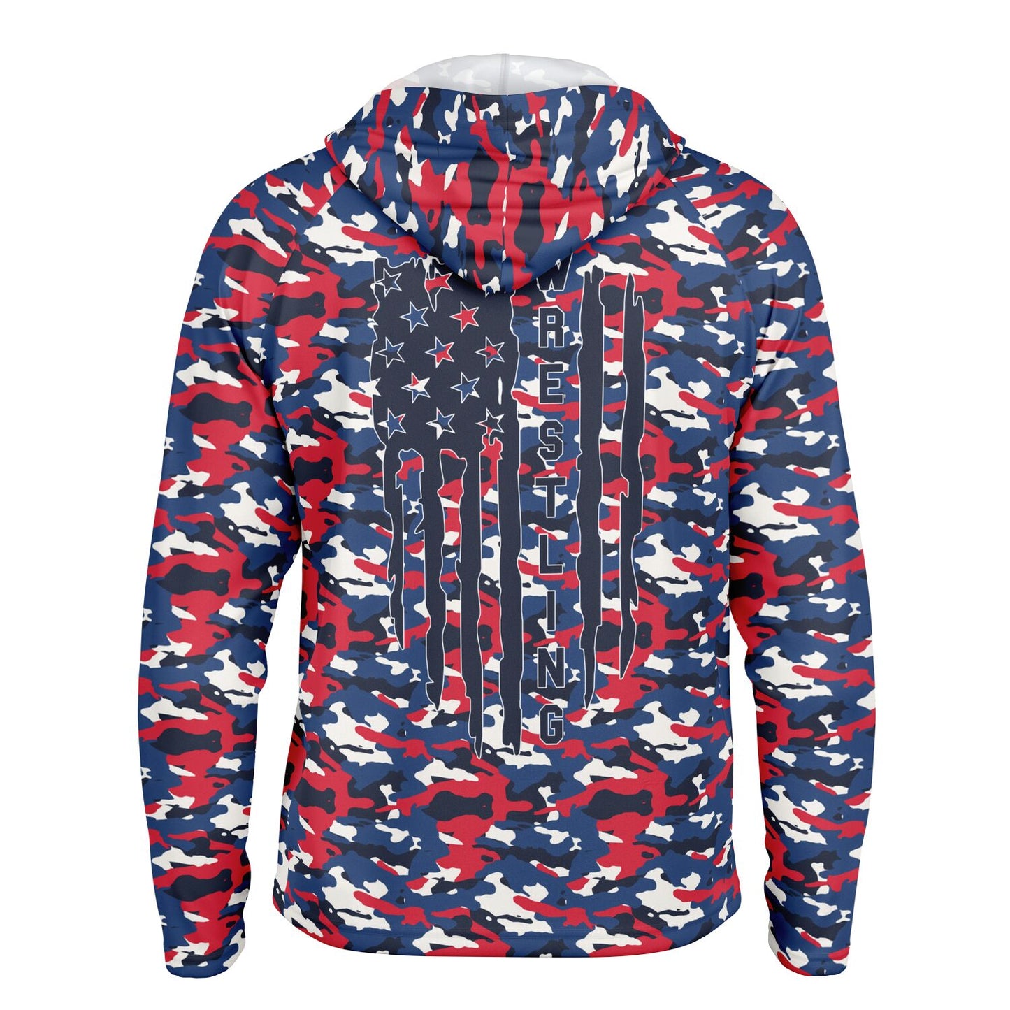 4Wrestlers Patriotic Camo Men's Long Sleeve Hooded Performance Shirt - AOP Sublimation