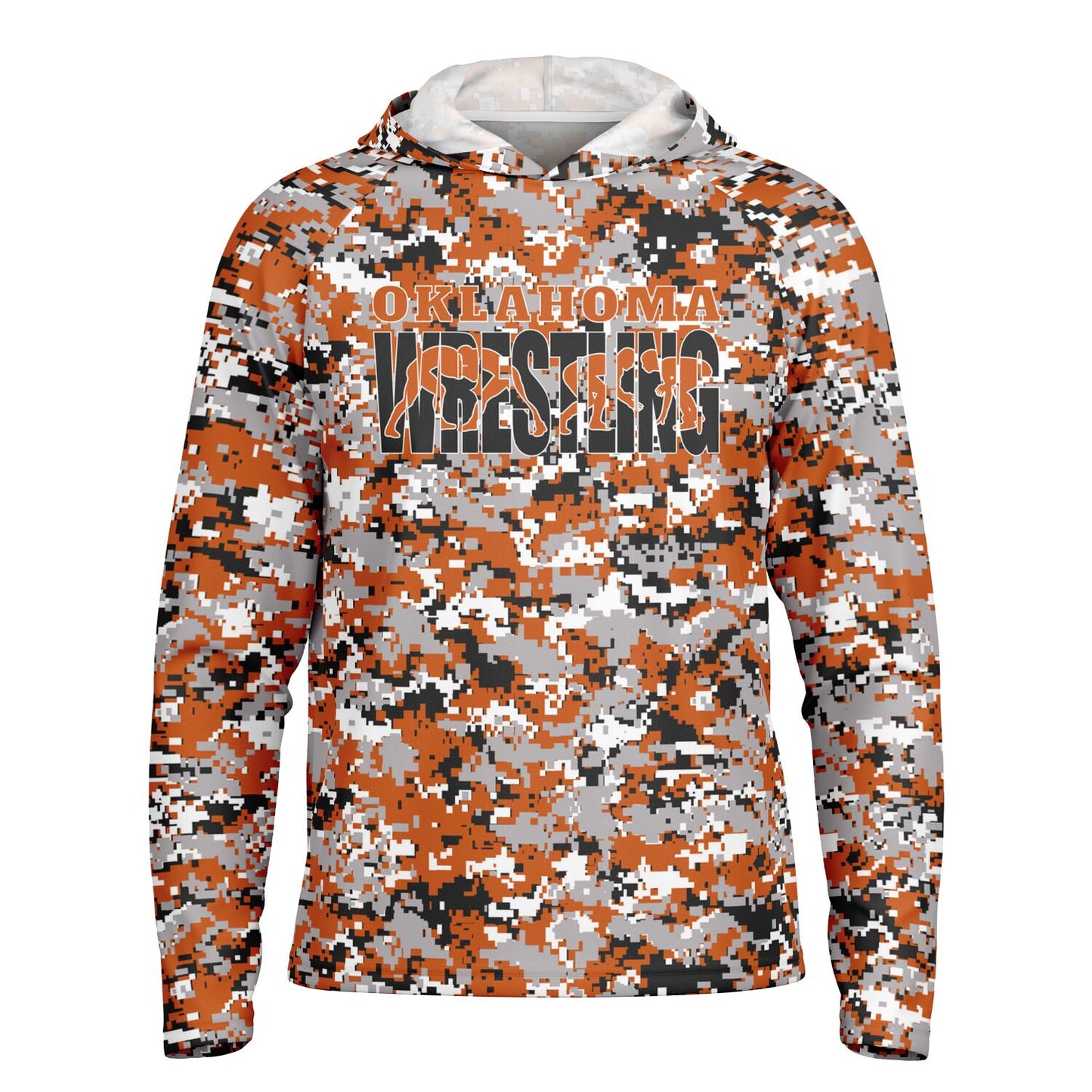 State of Oklahoma Wrestling Men's Wrestler Long Sleeve Hooded Performance Shirt - AOP Pixel Camo