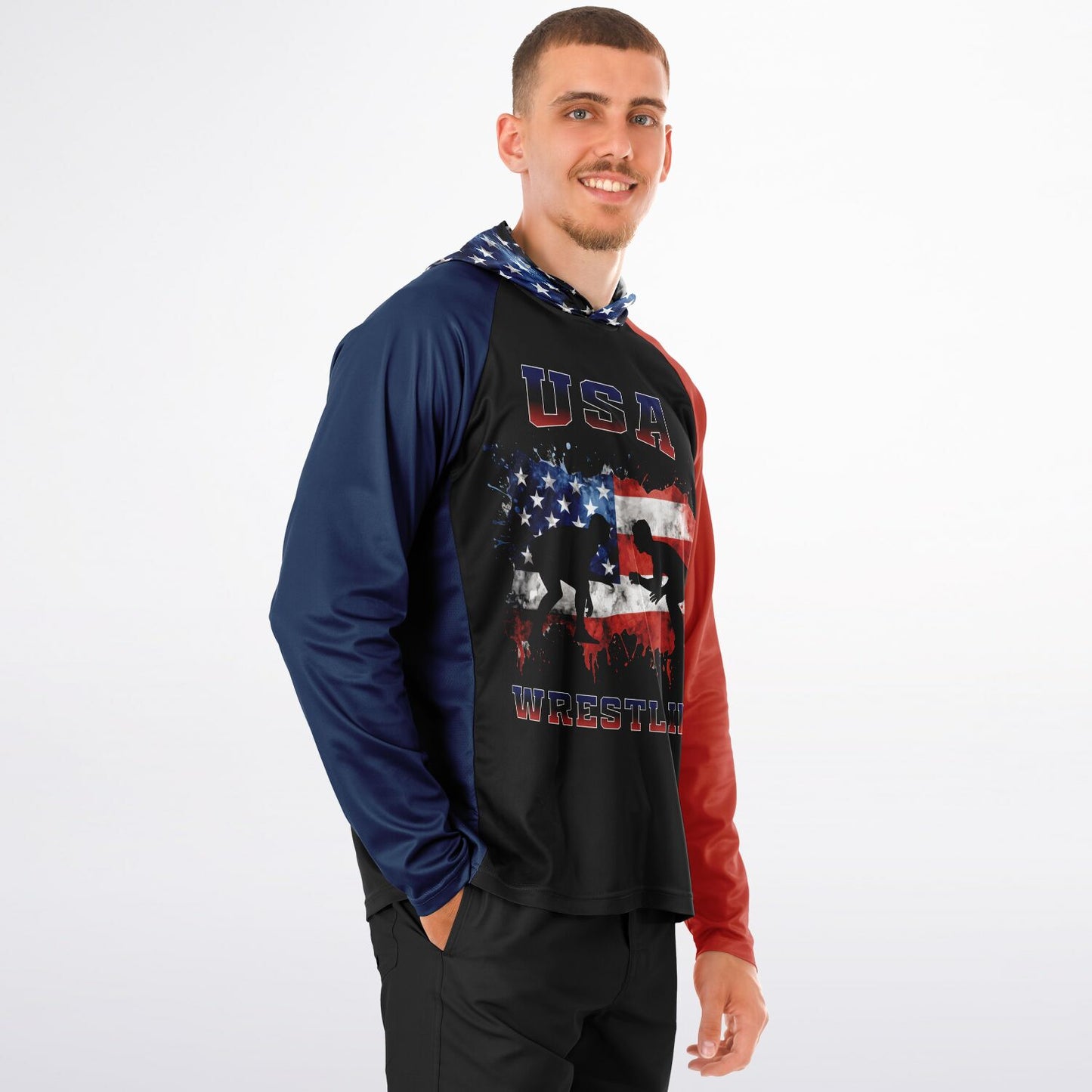 4Wrestlers Paint Splatter USA Flag Men's Long Sleeve Hooded Performance Shirt - AOP