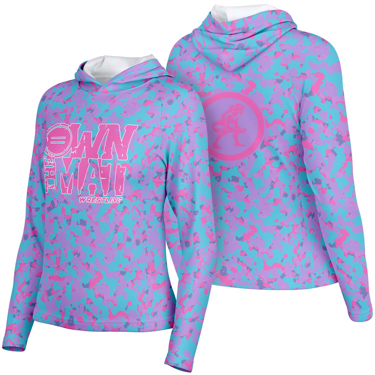 4Wrestlers Pink Camo Own the Mat Women's Wrestling Long Sleeve Hooded Performance Shirt - AOP