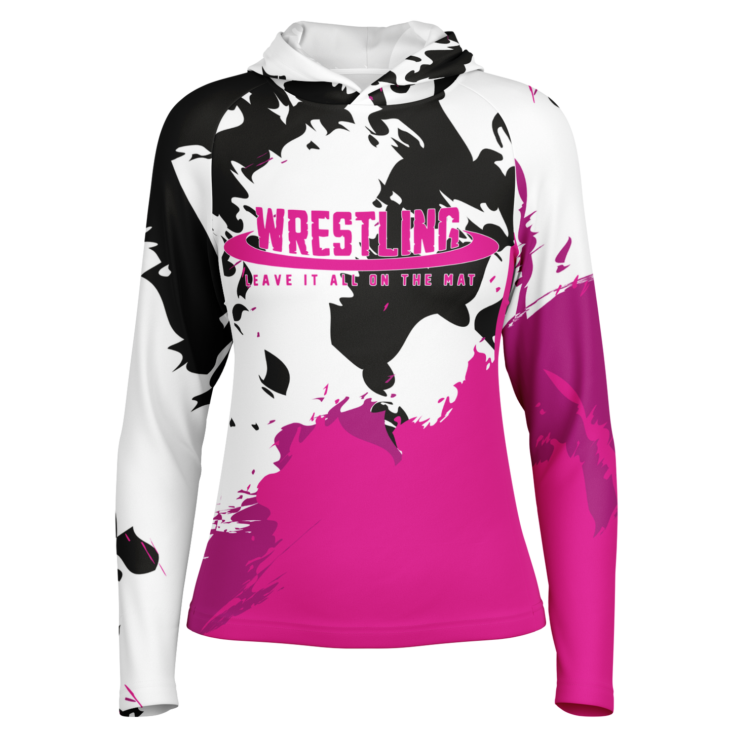 4Wrestlers Hot Pink Abstract Women's Wrestling Long Sleeve Hooded Performance Shirt - AOP