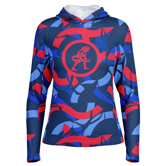 4Wrestlers Patriotic Abstract Women's Wrestling Long Sleeve Hooded Performance Shirt - AOP