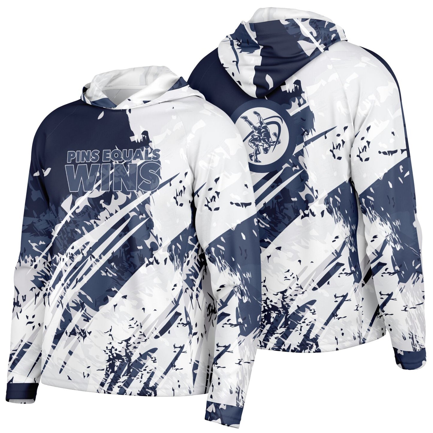 4Wrestlers Navy Blue Pins Equals Wins Men's Wrestling Long Sleeve Hooded Performance Shirt - AOP