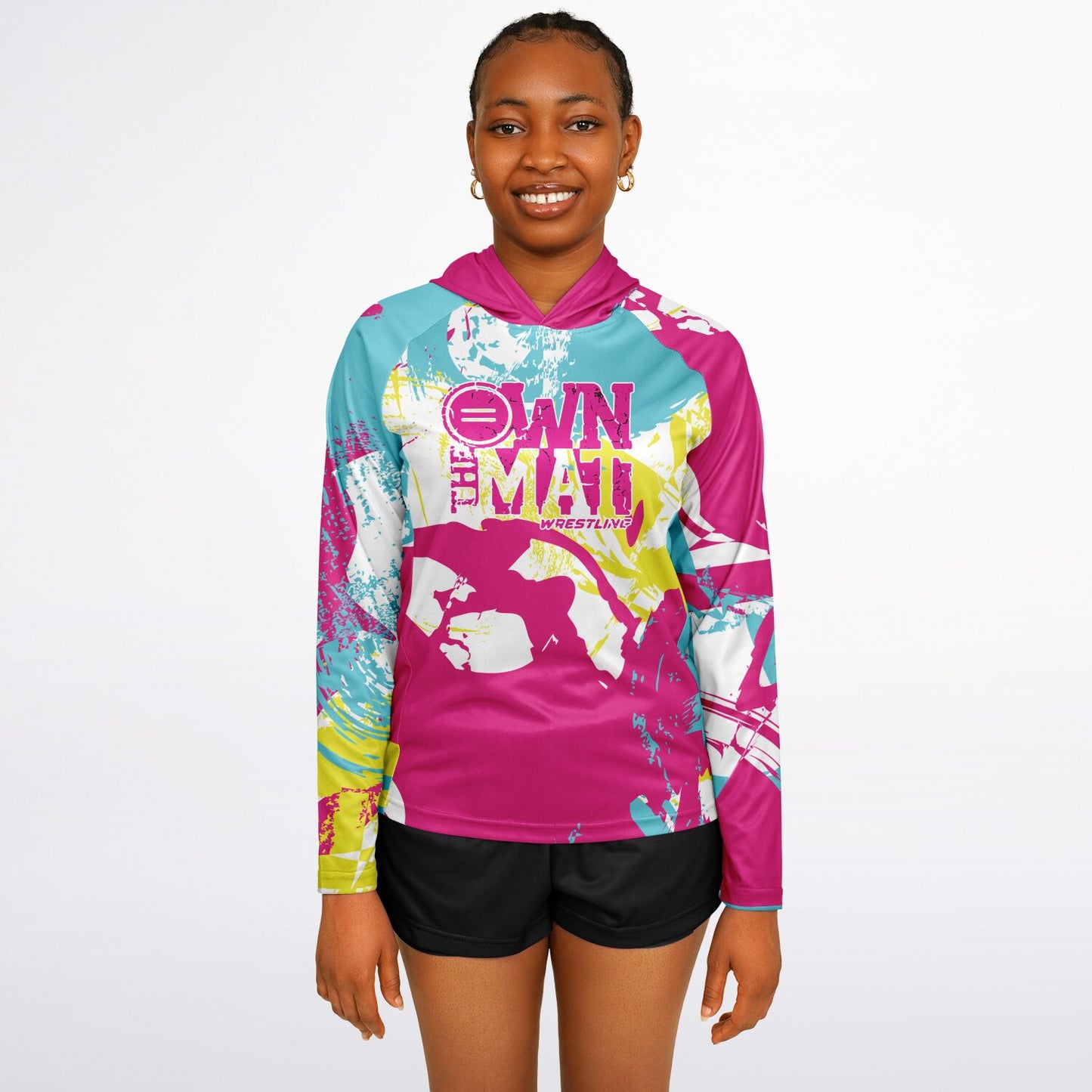 4Wrestlers Own the Mat Pink Splash Women's Wrestling Long Sleeve Hooded Performance Shirt - AOP