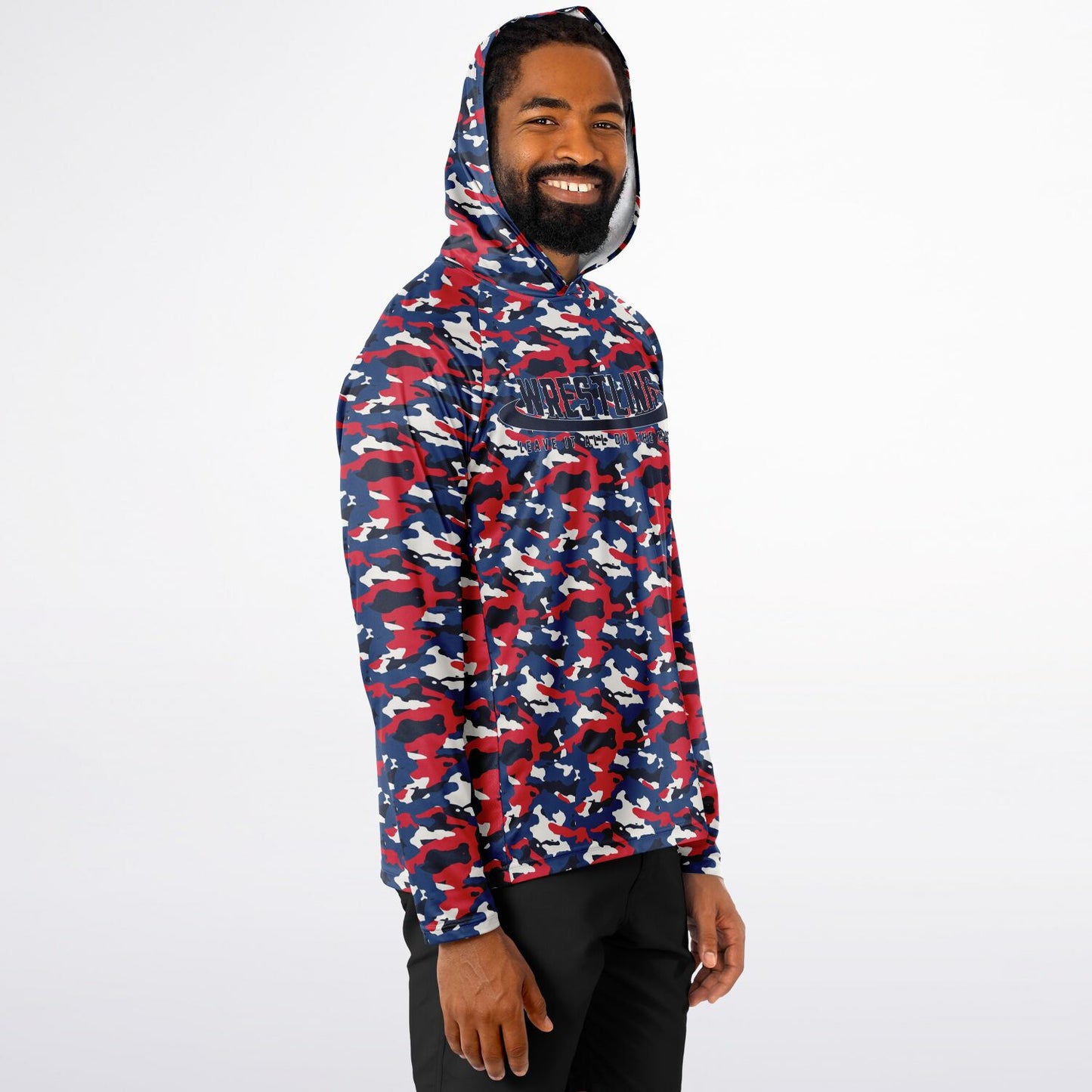 4Wrestlers Patriotic Camo Men's Long Sleeve Hooded Performance Shirt - AOP Sublimation