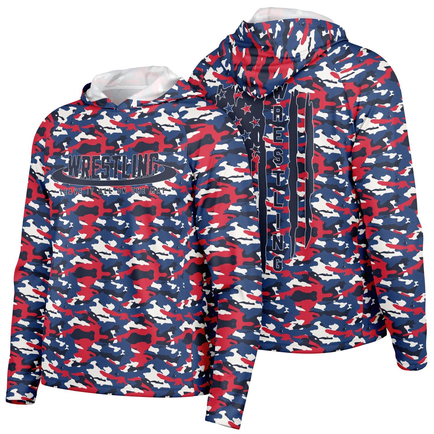 4Wrestlers Patriotic Camo Men's Long Sleeve Hooded Performance Shirt - AOP Sublimation