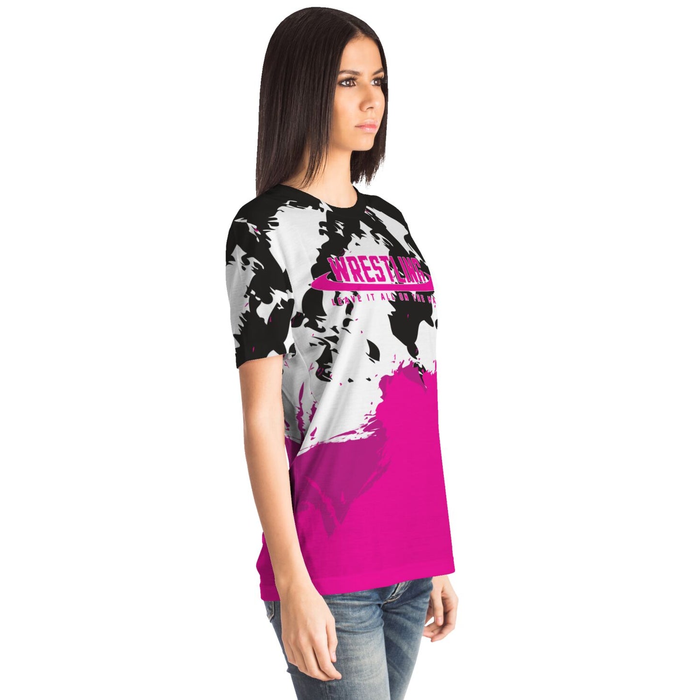 4Wrestlers Black, White, Pink Leave It On The Mat Sublimated Women's Wrestling T-shirt