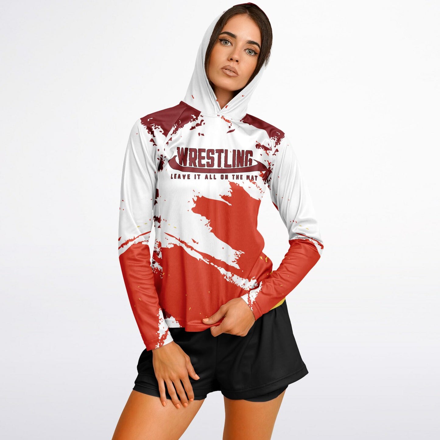4Wrestlers Leave It All On The Mat Burgundy Women's Wrestling Long Sleeve Hooded Performance Shirt - AOP