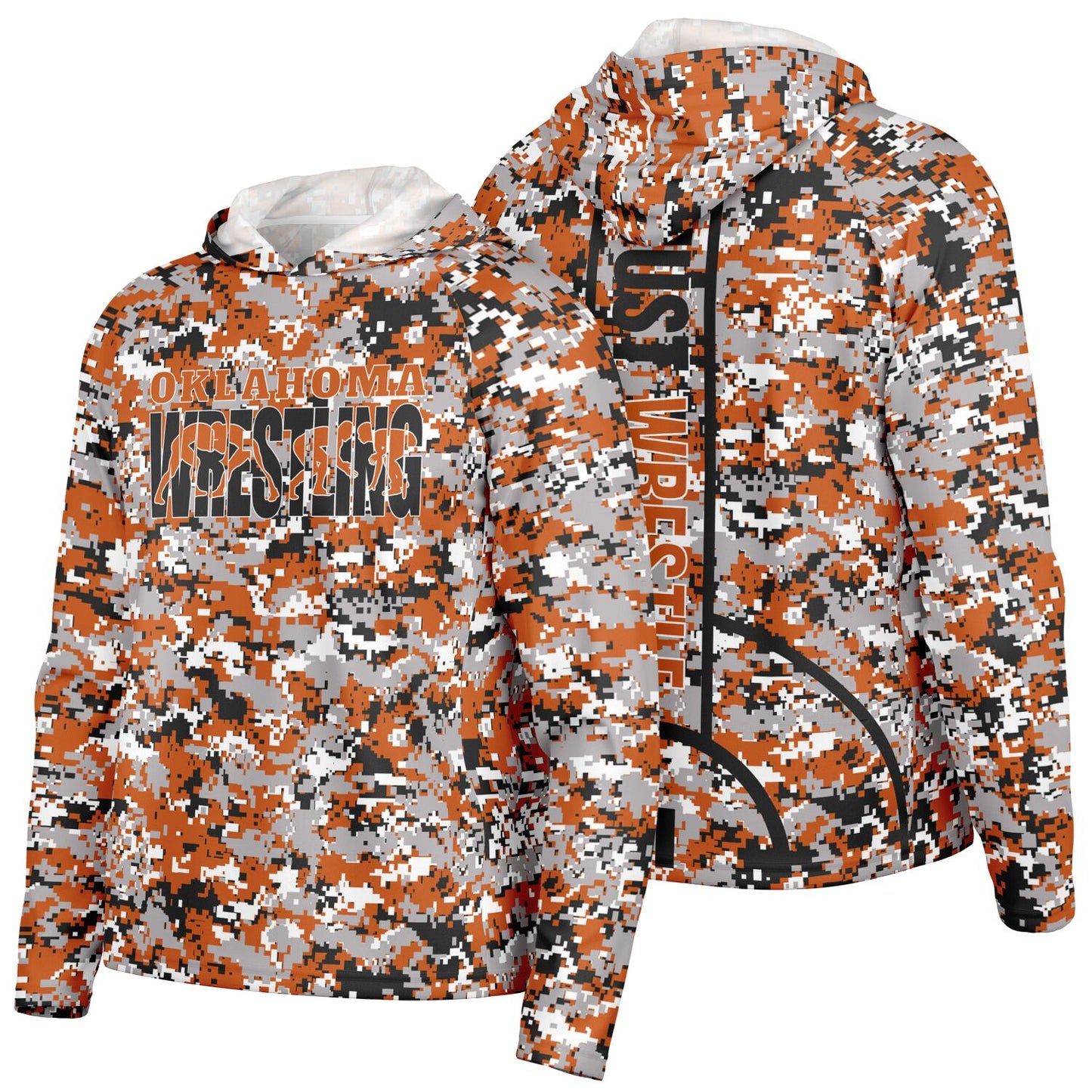 State of Oklahoma Wrestling Men's Wrestler Long Sleeve Hooded Performance Shirt - AOP Pixel Camo