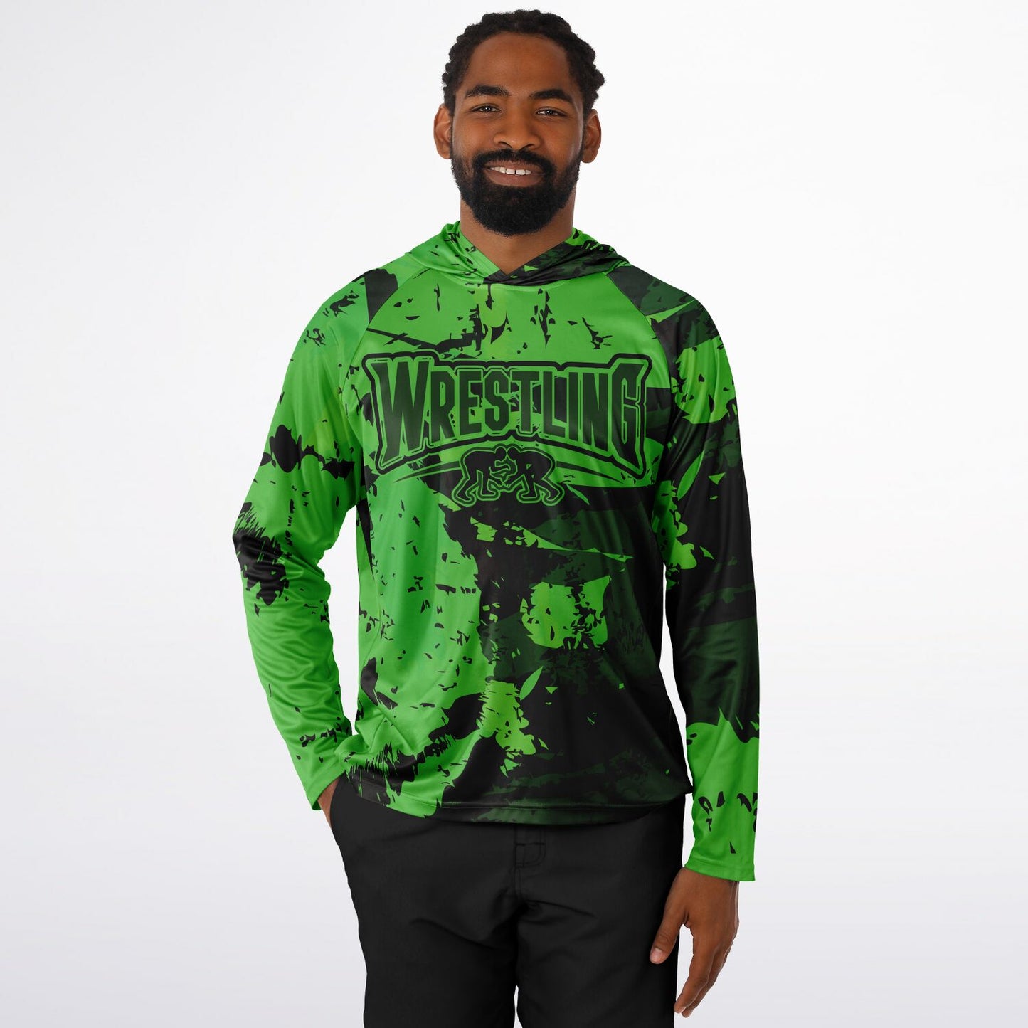 4Wrestlers Abstract Lime Green Men's Wrestling Long Sleeve Hooded Performance Shirt - AOP