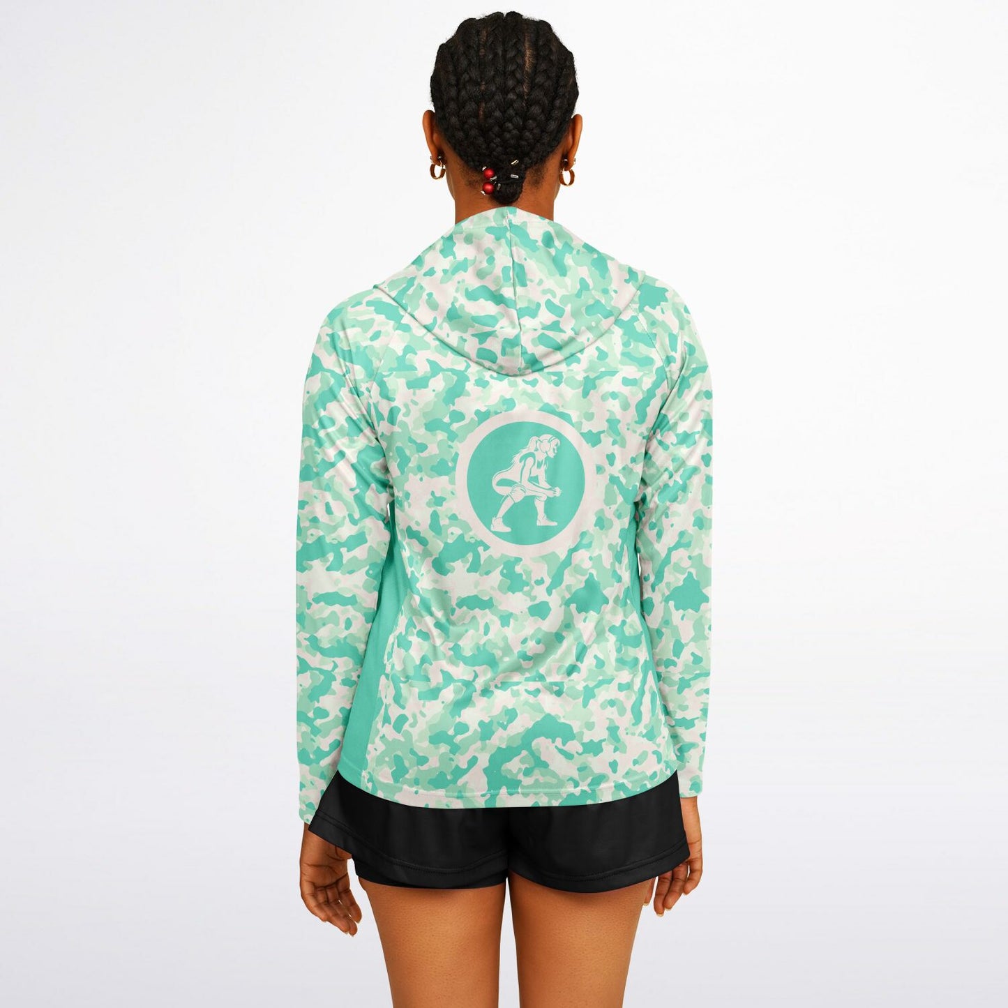 4Wrestlers Sage Green Camo Women's Wrestling Long Sleeve Hooded Performance Shirt - AOP