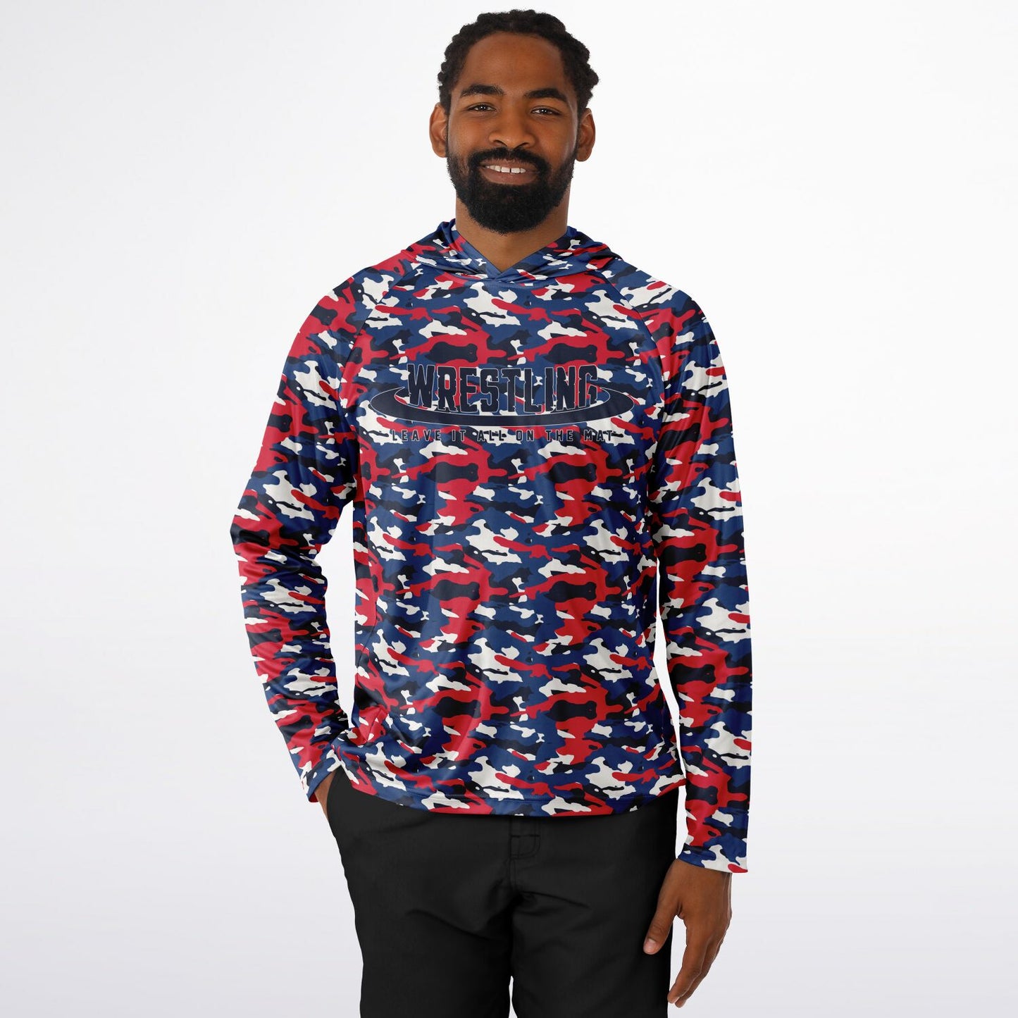 4Wrestlers Patriotic Camo Men's Long Sleeve Hooded Performance Shirt - AOP Sublimation