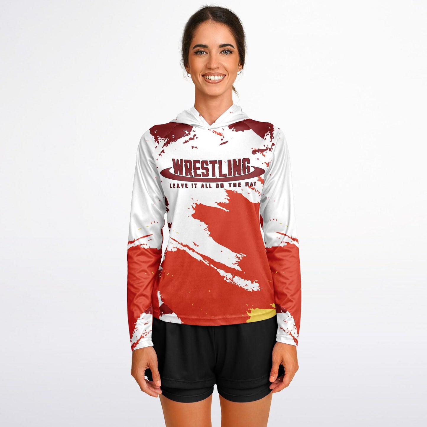 4Wrestlers Leave It All On The Mat Burgundy Women's Wrestling Long Sleeve Hooded Performance Shirt - AOP
